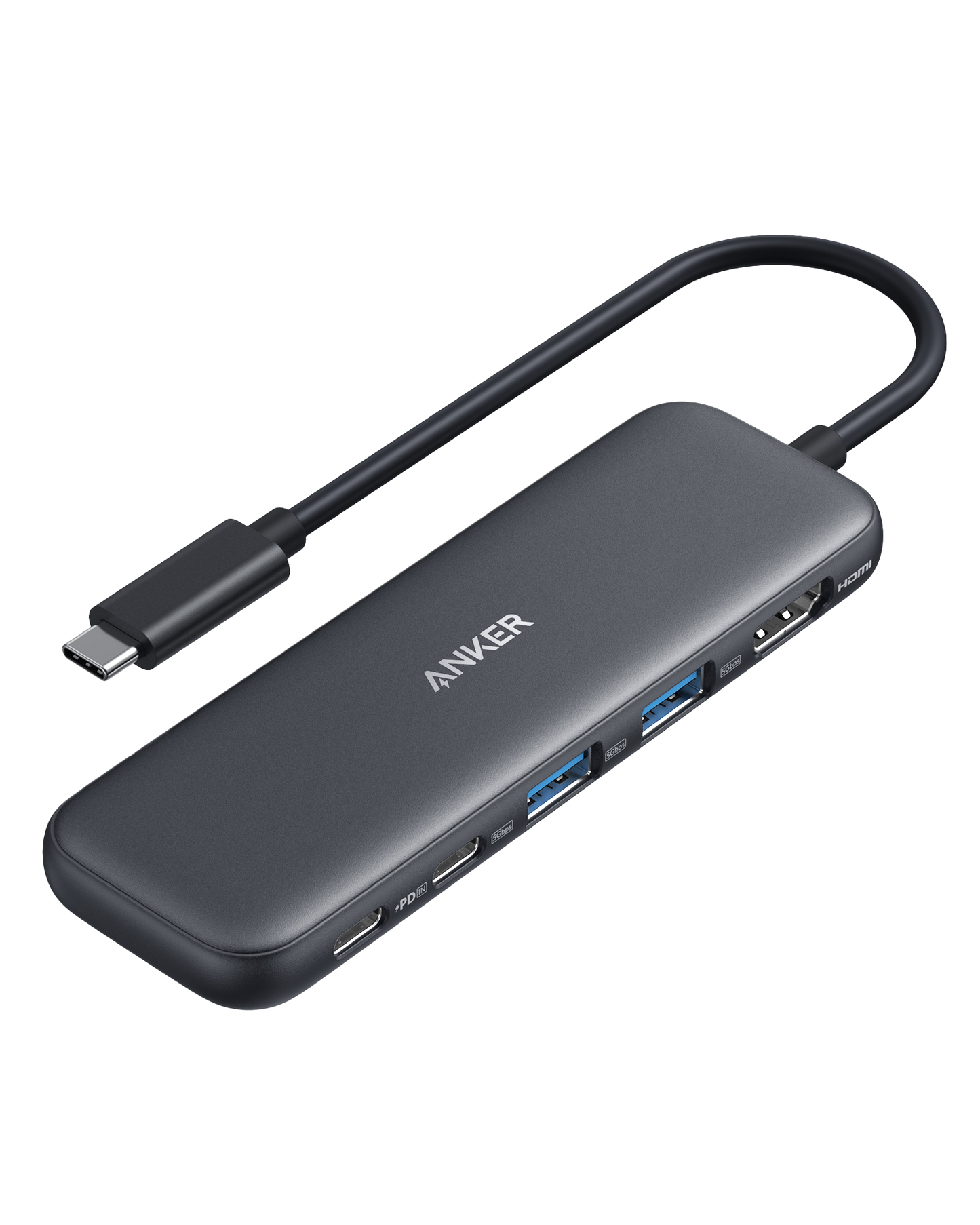 The Anker 332 USB-C Hub (5-in-1) in dark gray offers pass-through charging plus 4K HDMI, USB-A, SD/microSD card slots, and Ethernet. Displayed on a white background with the Anker logo on top.