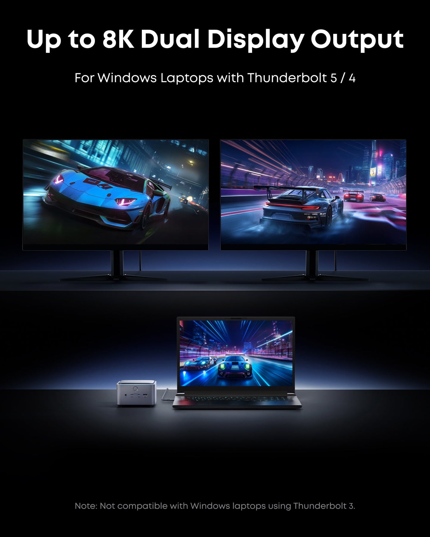 A Windows laptop connects to two large monitors displaying vibrant nighttime racing scenes. Above, text reads “8K Dual Display Output” for the Anker Prime TB5 Docking Station (14-in-1, 8K, Thunderbolt 5). Not compatible with Thunderbolt 3.