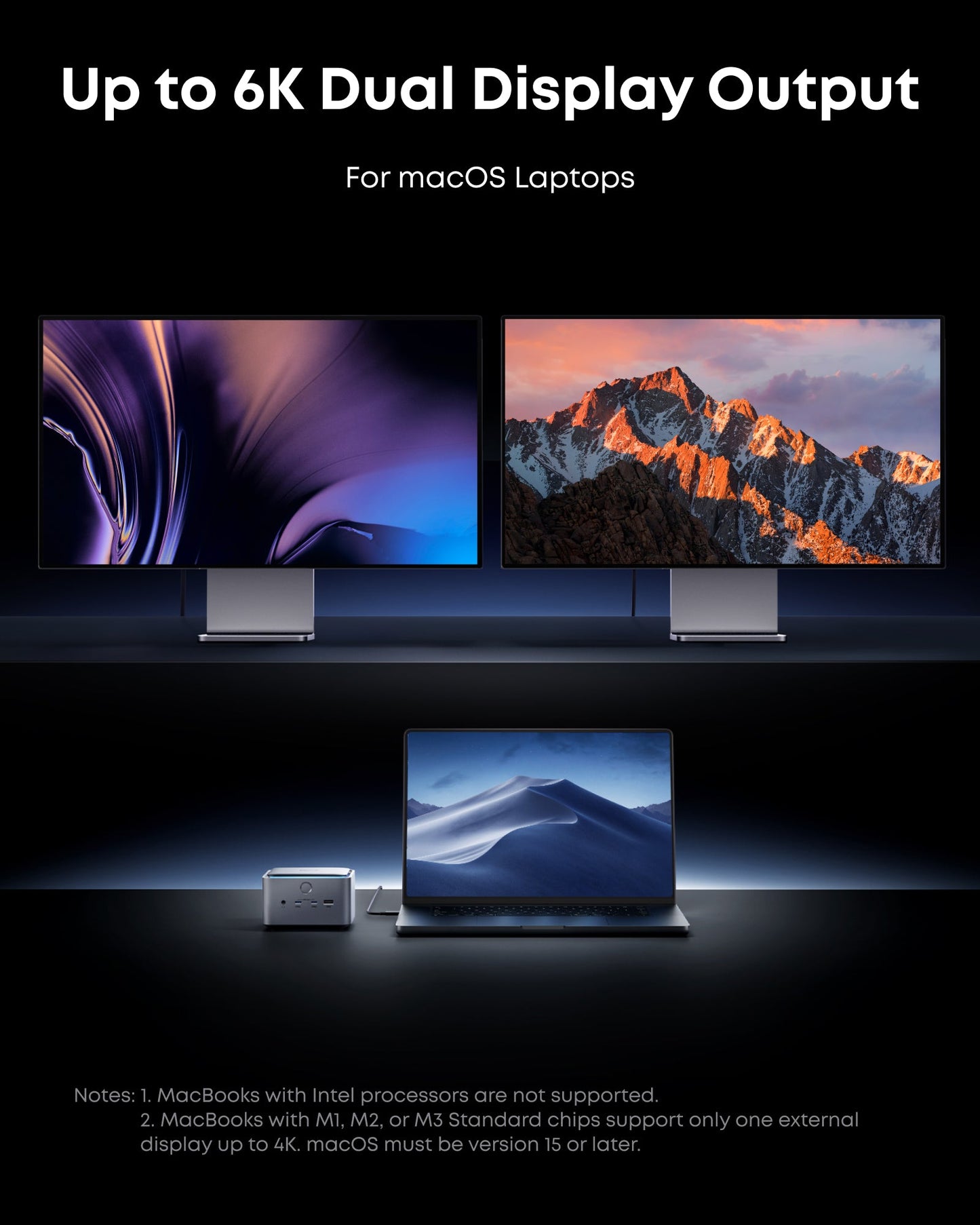 A promotional image shows an Anker Prime TB5 Docking Station (14-in-1, 8K, Thunderbolt 5) connecting a macOS laptop to two monitors. The text reads: “Up to 6K Dual Display Output for macOS Laptops.” Compatibility notes appear below.
