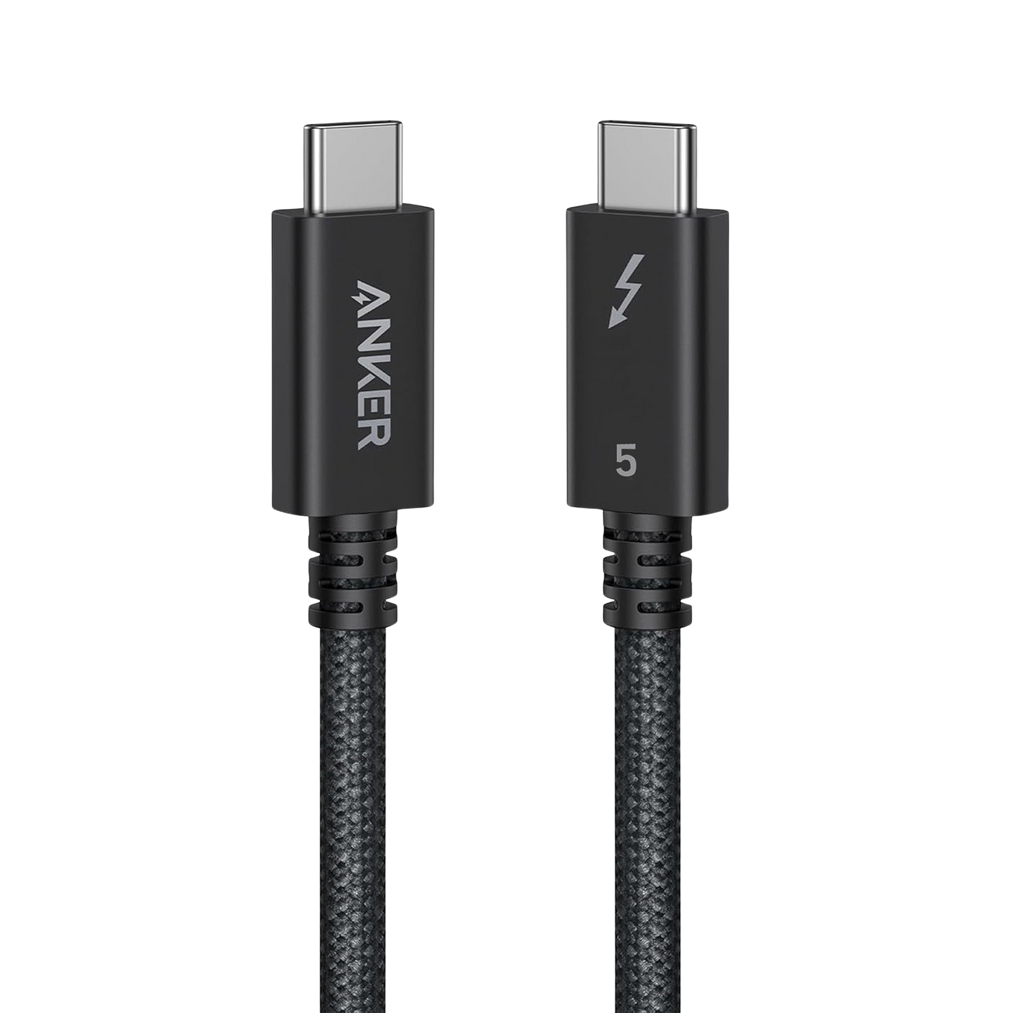 The Anker Prime Thunderbolt 5 Cable (3.3 ft, 80Gbps, 240W) features a braided black design with reinforced grips, ANKER and ‘5’ lightning bolt logos on USB-C connectors, and supports fast 80Gbps data transfer against a plain light grey background.