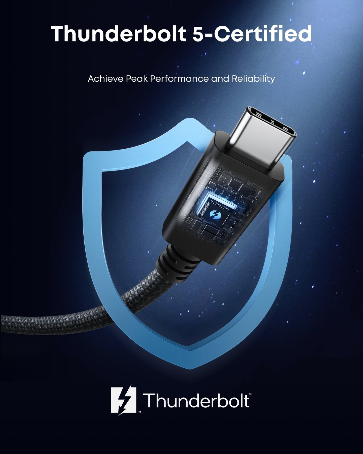 A close-up of the Anker Prime Thunderbolt 5 Cable (3.3 ft, 80Gbps, 240W) appears over a glowing blue shield. Its connector features an illuminated Thunderbolt logo. Text: Anker, Thunderbolt 5-Certified, 80Gbps data transfer, Peak Performance & Reliability.
