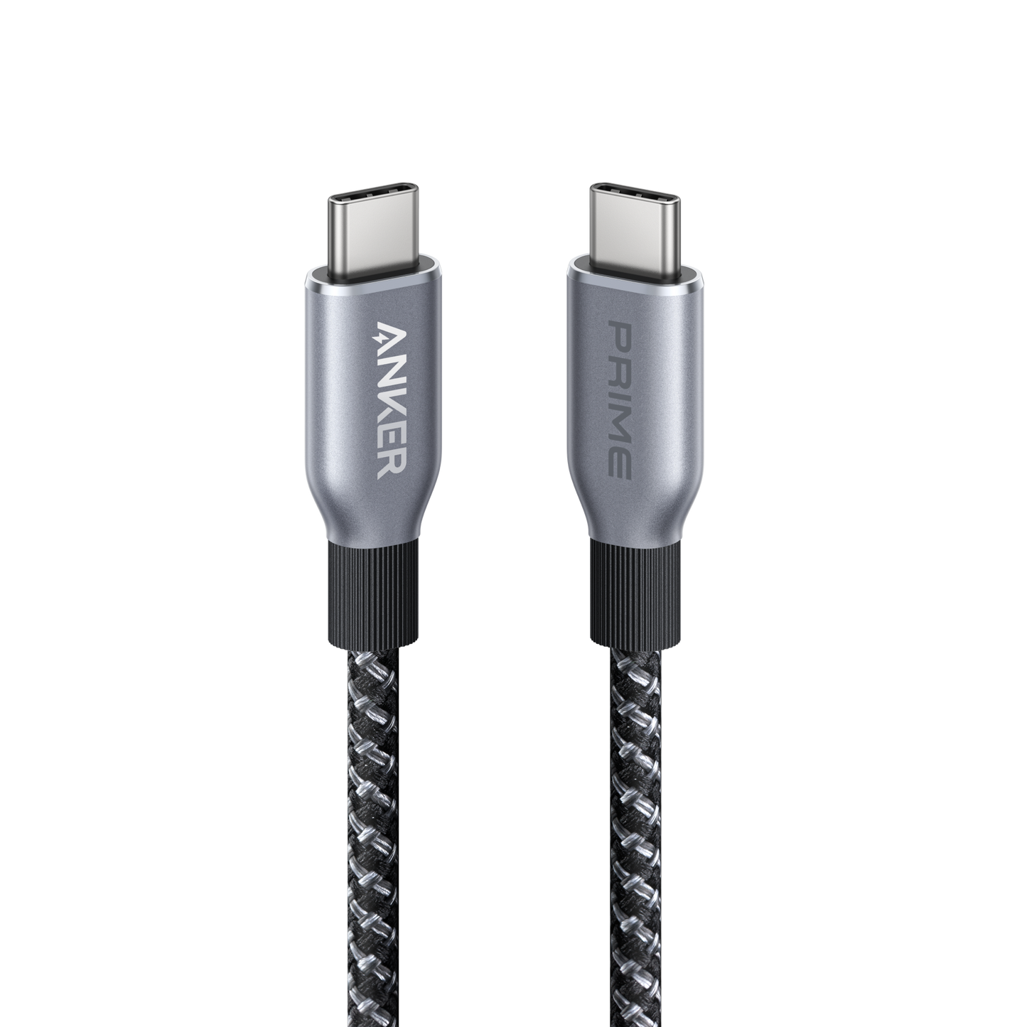 The Anker Prime USB-C to USB-C Cable (240W, Upcycled-Braided) features black and gray braiding, metallic connectors, and reinforced grips—ideal for fast MacBook Pro charging with a sleek, durable design from Anker.