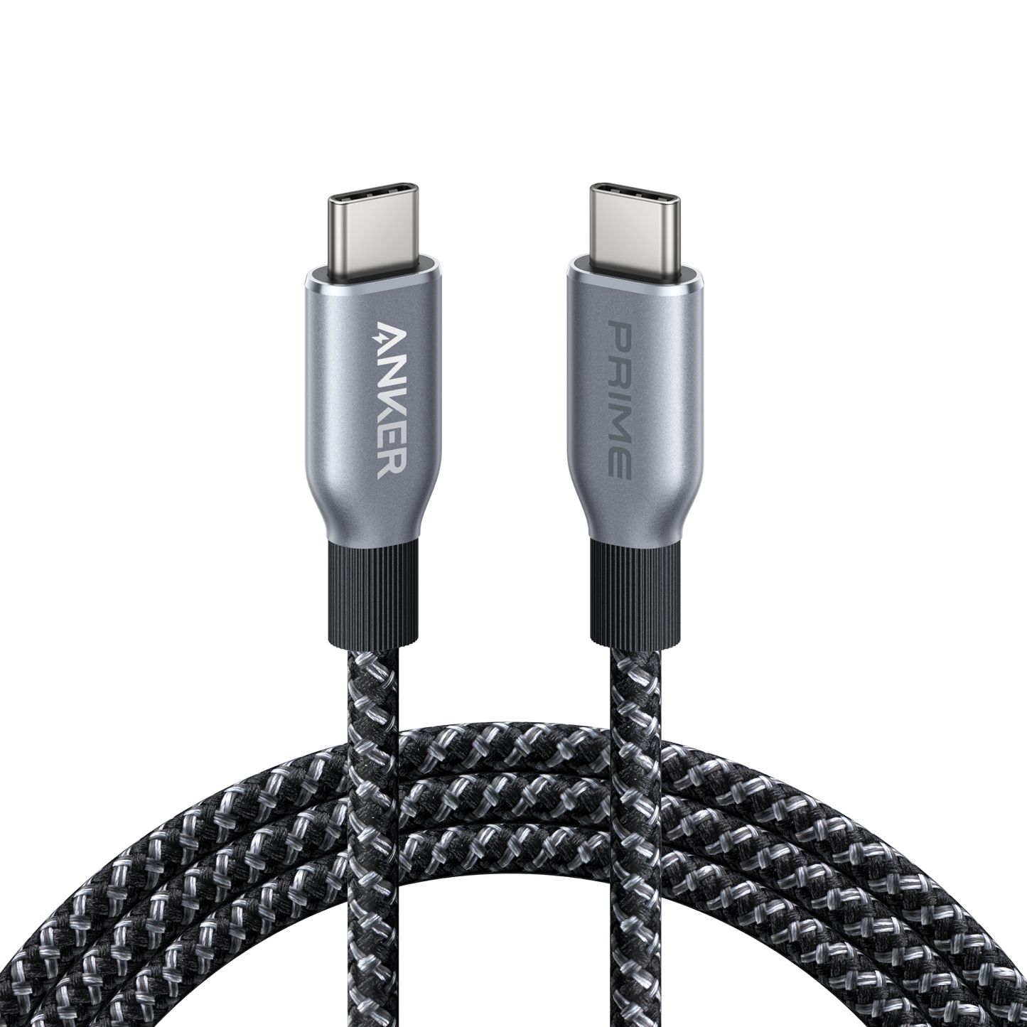 A close-up of the Anker Prime USB-C to USB-C Cable (240W, Upcycled-Braided), featuring braided black and gray design with metal connectors labeled “Anker” and “Prime,” shown as a durable charging cable against a plain light background.