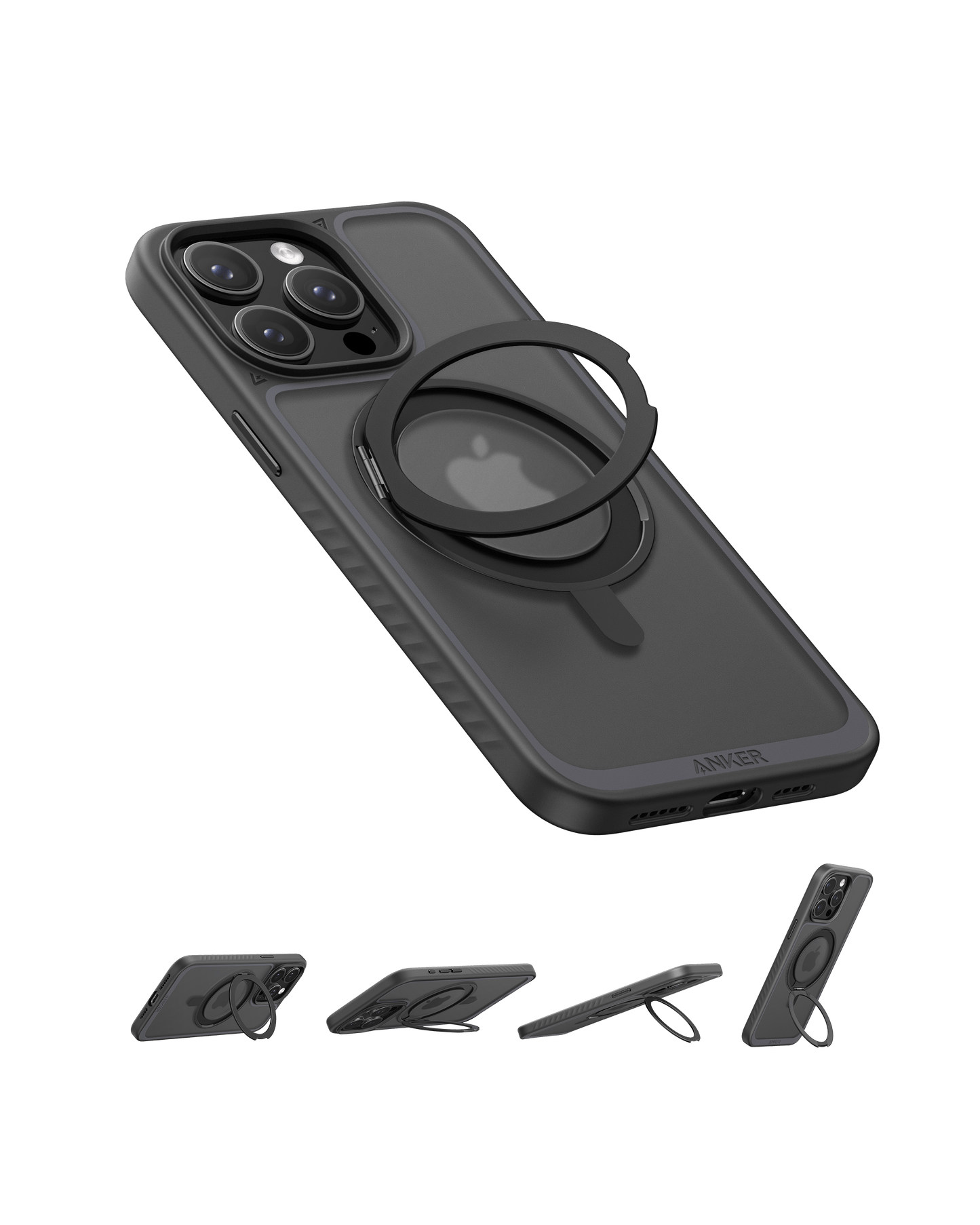 A black iPhone in an Anker MagGo Magnetic Case with Stand (360° Ring Stand) by Anker, featuring a clear black-edged design, visible Apple logo, magnetic compatibility, and a rotating ring stand shown from multiple angles.