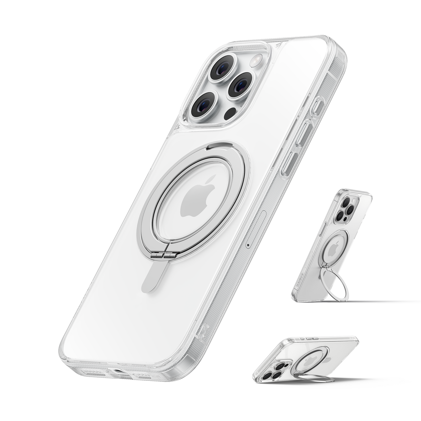 Anker’s MagGo Magnetic Case with Stand (360° Ring Stand) is shown on a smartphone. The rotating ring circles the Apple logo. Three views—angled back, side, and front—are displayed against a plain white background.