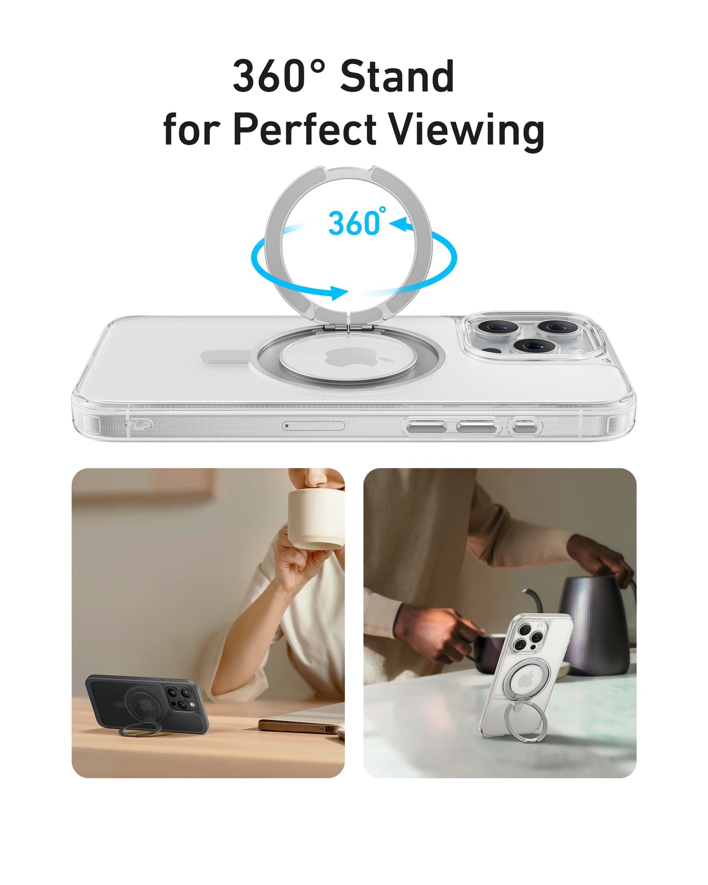 The Anker MagGo Magnetic Case with Stand (360° Ring Stand) by Anker is shown on a smartphone. The 360° rotating ring stand enables easy holding and propping up, as demonstrated in two images below the phone.