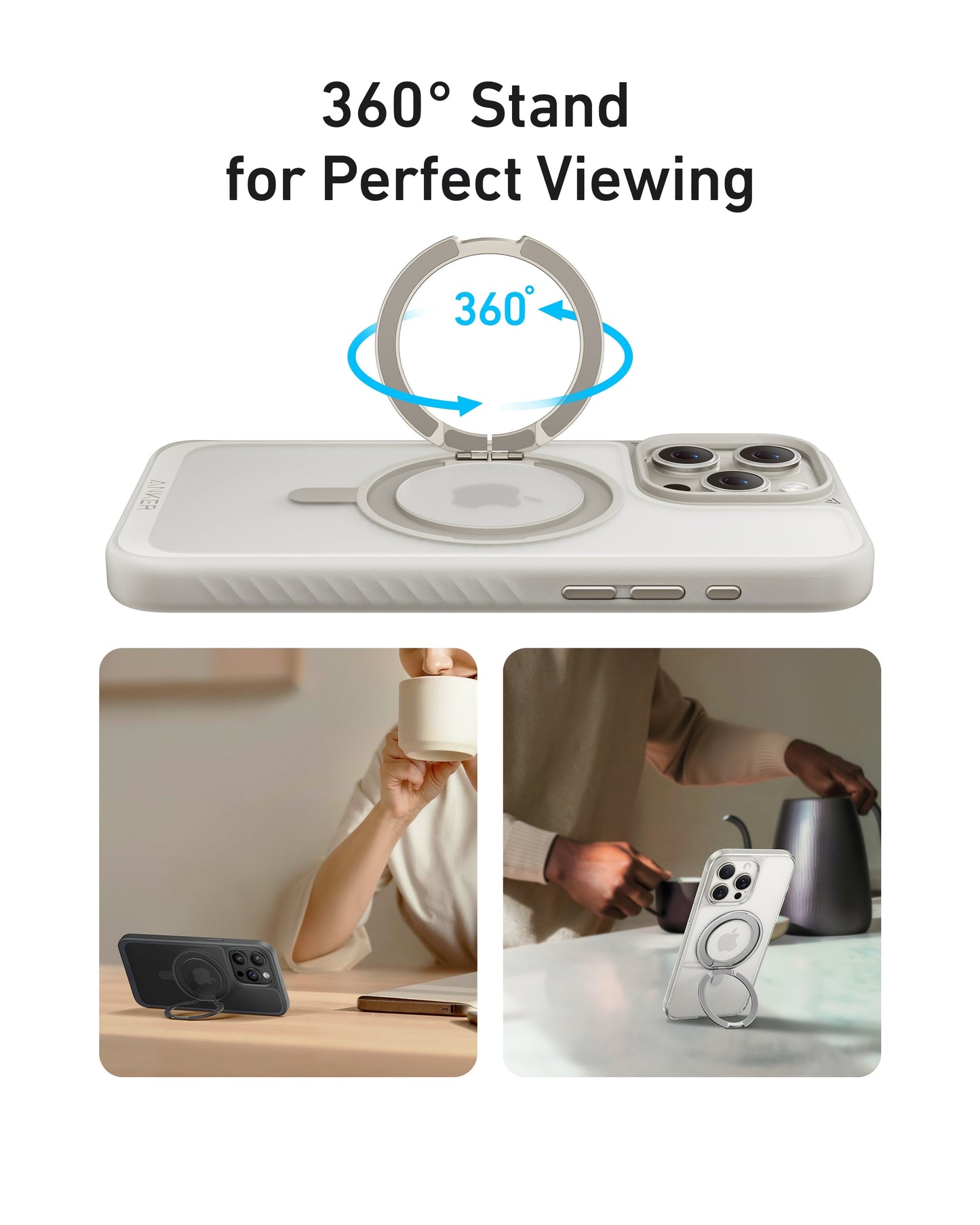 An Anker phone in the Anker MagGo Magnetic Case with Stand (360° Ring Stand) is shown upright, while people use the 360° ring stand as support when enjoying coffee. Text on image: “360° Stand for Perfect Viewing.”.