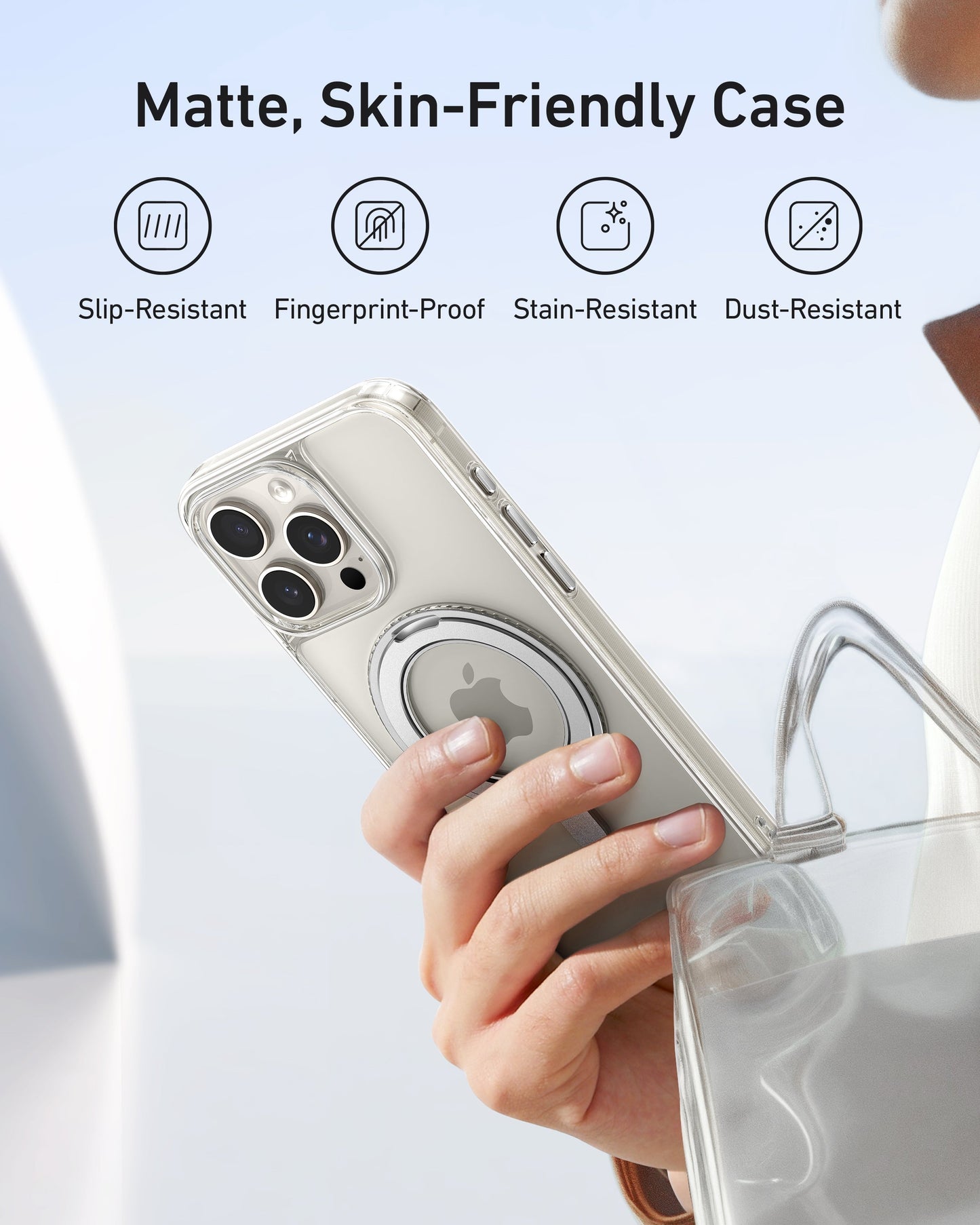 A hand holds an iPhone in an Anker MagGo Magnetic Case with Stand (360° Ring Stand), featuring a matte, skin-friendly, slip-resistant design, high-power magnets, and dust resistance—next to a transparent bag.