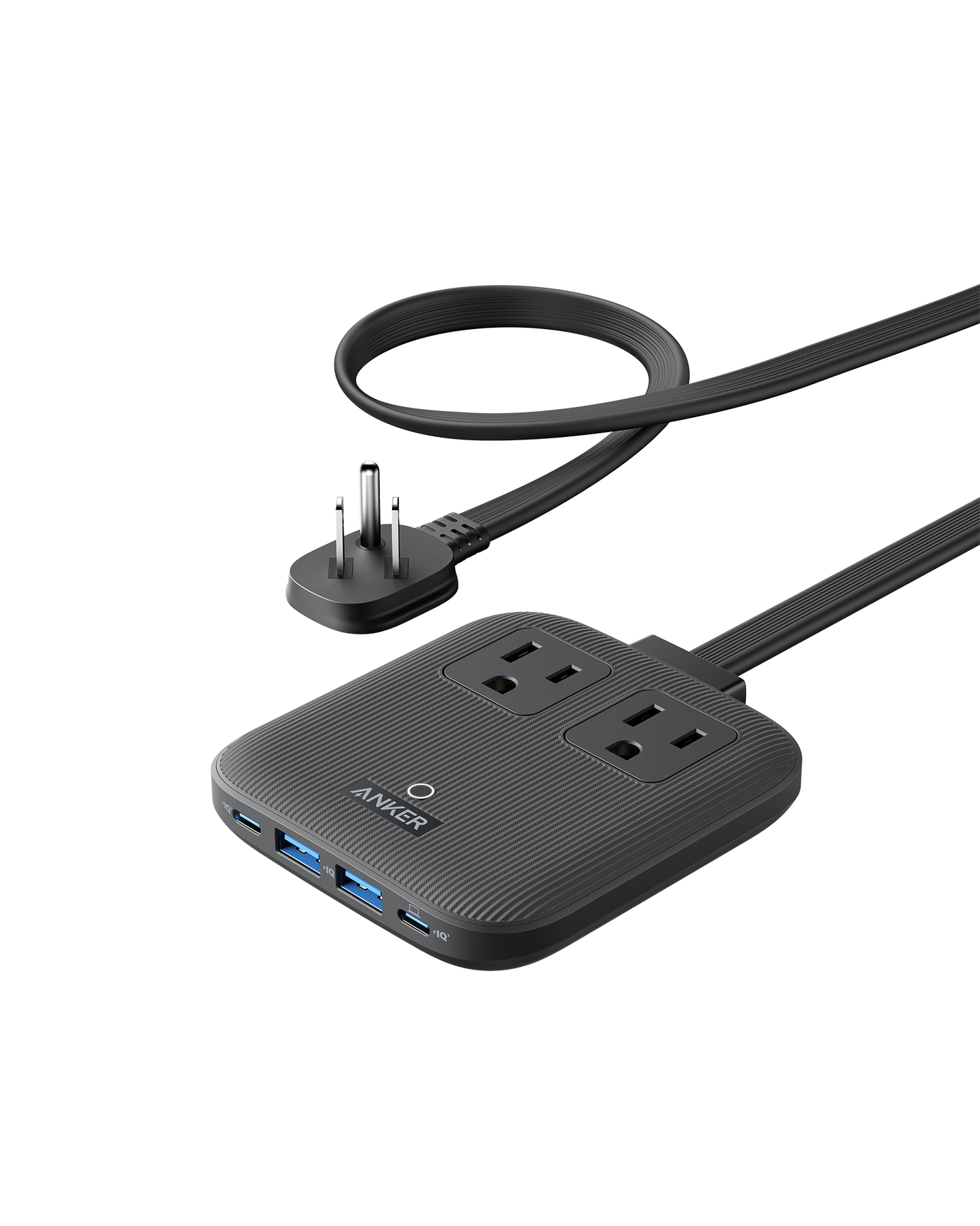 The Anker Nano Charging Station (6-in-1, 67W) is a black power strip with two AC outlets, two USB-A ports, 67W USB-C charging, a textured surface, a round power button between the outlets, and an attached three-prong cord.