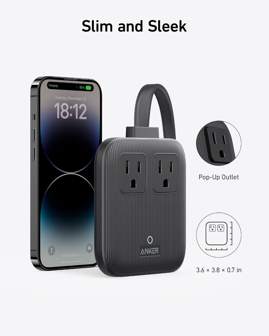 A black Anker Nano Charging Station (6-in-1, 67W) with a textured finish, two outlets, USB-C charging, pop-up plug, and measuring 3.6 x 3.8 x 0.7 inches stands beside a smartphone for size reference. Text above reads Slim and Sleek.