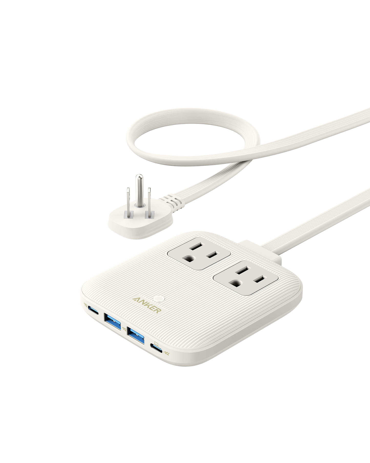 The Anker Nano Charging Station (6-in-1, 67W) features two AC outlets, two USB-A ports, and a USB-C port for fast charging. Its compact white design with a long cord and three-prong plug sits on a plain light background.