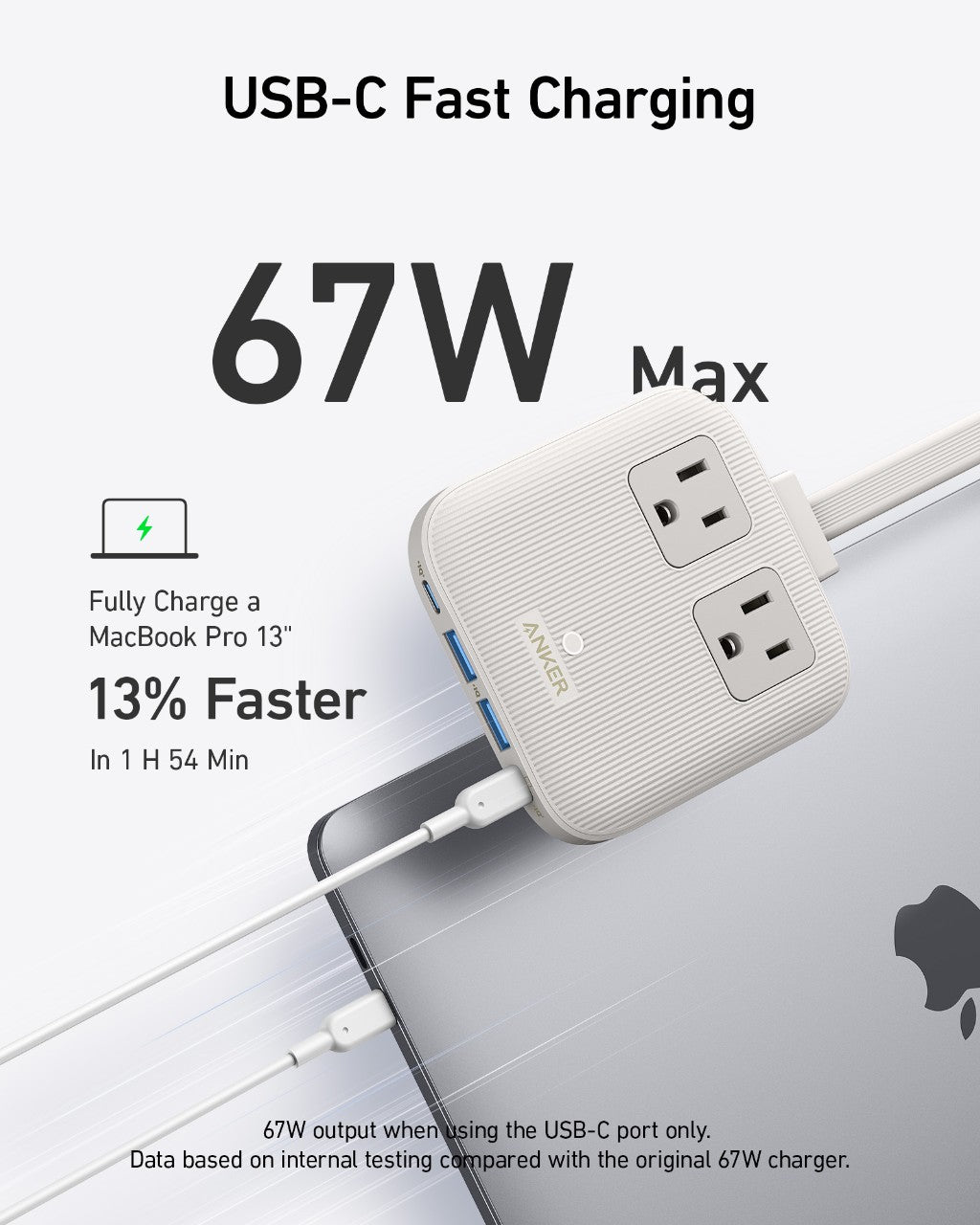 The Anker Nano Charging Station (6-in-1, 67W) is plugged into a MacBook Pro, offering multiple USB ports and two AC outlets. It powers your MacBook Pro 13% faster for a full charge in just 1 hour 54 minutes.