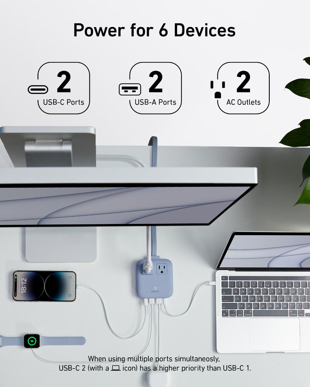 Anker Nano Charging Station (6-in-1, 67W) by Anker sits on a desk powering a monitor, laptop, and smart devices. It offers 2 USB-C ports (67W), 2 USB-A ports, and 2 AC outlets to charge six devices. A plant decorates the corner.