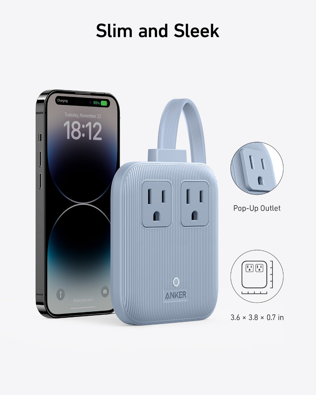 A slim, light blue Anker Nano Charging Station (6-in-1, 67W) with two outlets and a pop-up plug stands by a smartphone. Text highlights USB-C charging, its sleek design, and compact size: 3.6 x 3.8 x 0.7 inches.