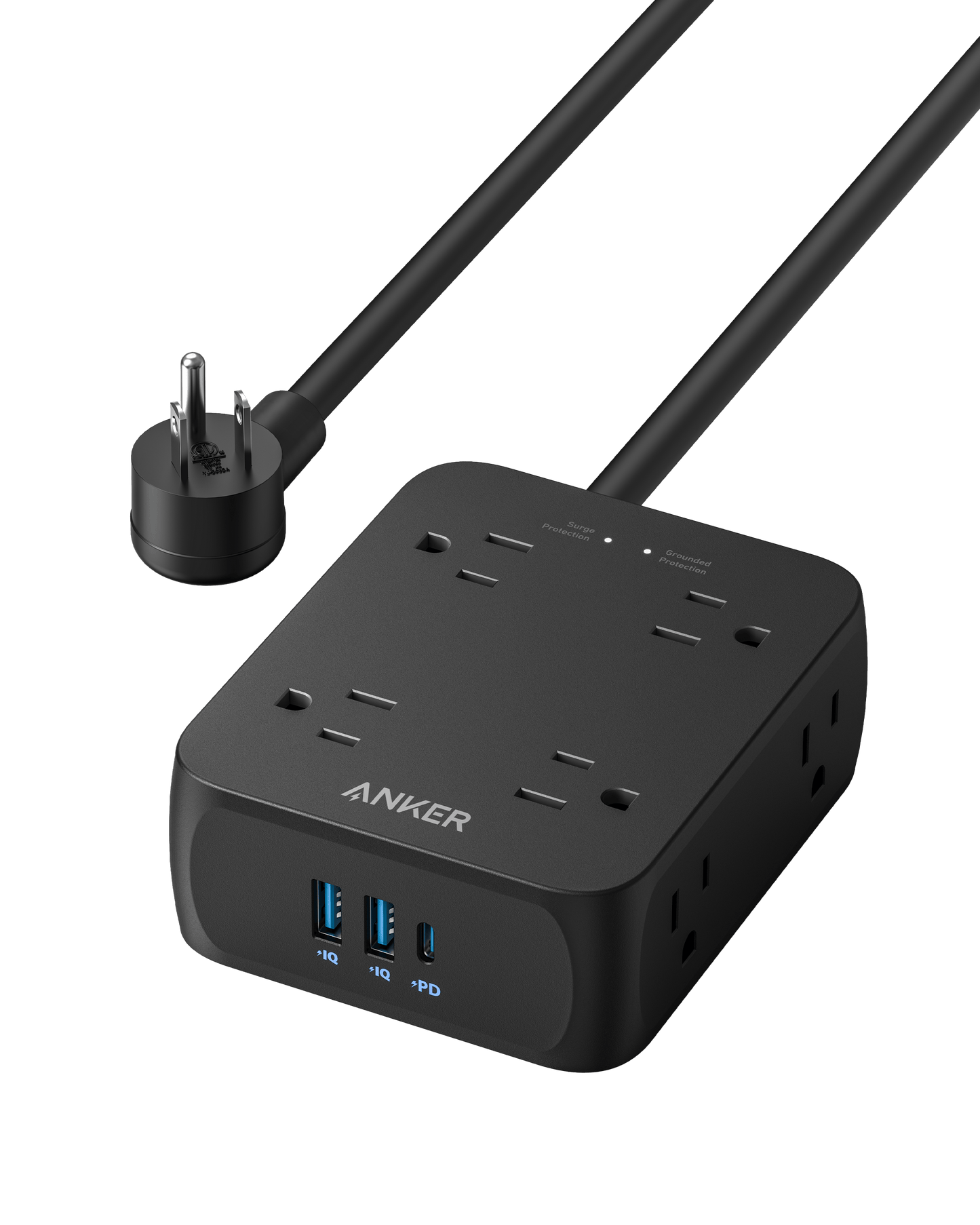 The Anker 341 USB Power Strip, in black, features six AC outlets, three USB ports for USB-C charging, and surge protection. Its thick cable ends in a plug with two round prongs and a grounding pin. All ports are visible against a plain white background.