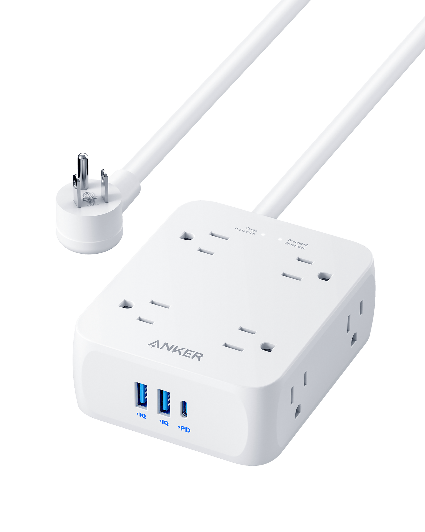 The Anker 341 USB Power Strip is a white surge-protected strip with six AC outlets and three USB ports (2 USB-A, 1 USB-C), a long cord, and Power/Protected indicator lights on top.