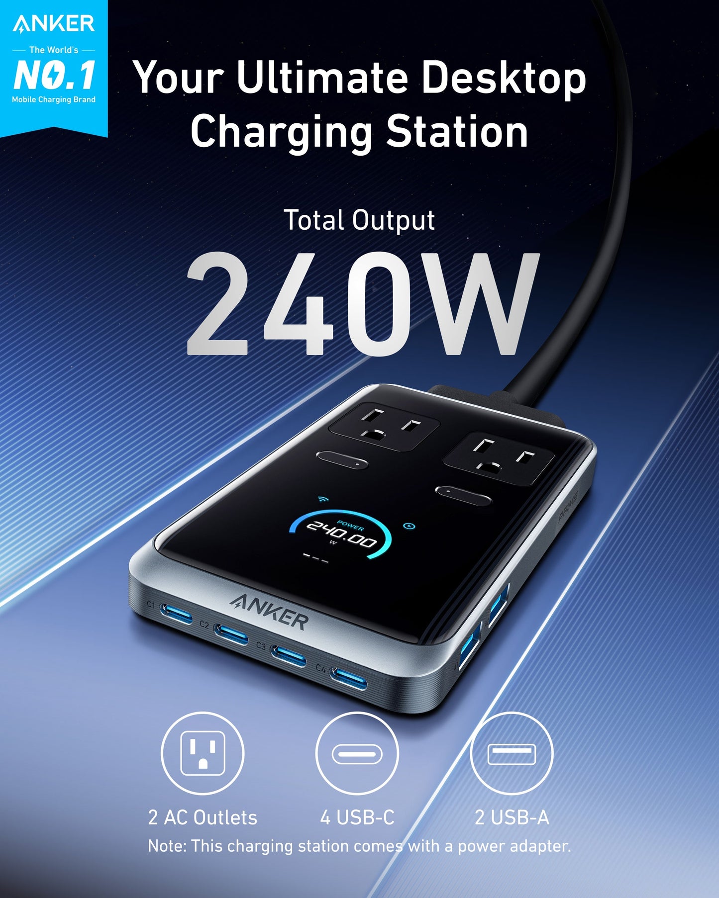 The Anker Prime Charging Station (8-in-1, 240W) features 2 AC outlets, 4 USB-C, and 2 USB-A ports for ultra-fast charging. Blue highlights showcase its design. Text reads: “Your Ultimate Desktop Charging Station.”.
