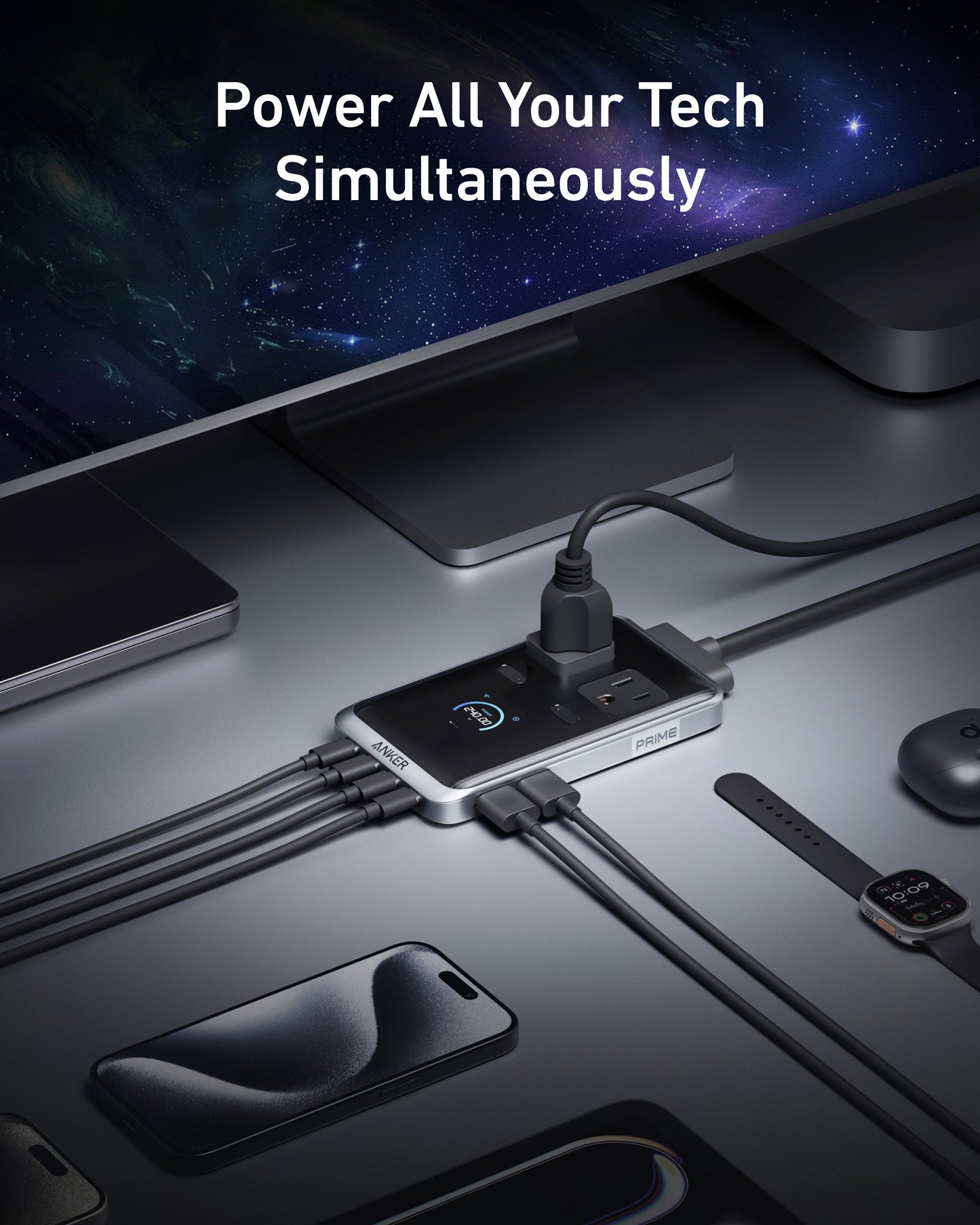 The Anker Prime Charging Station (8-in-1, 240W) powers laptops, a smartphone, smartwatch, and more—keeping your modern desk organized. Text above reads: “Power All Your Tech Simultaneously.” High-tech, clutter-free workspace by Anker.