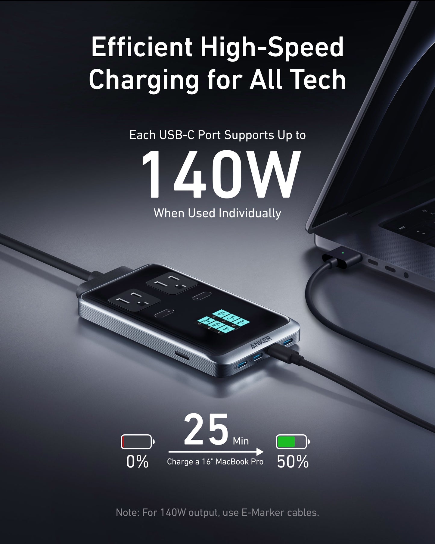 The Anker Prime Charging Station (8-in-1, 240W) powers your laptop with a digital display of output, features a 140W USB-C port for ultra-fast charging—16" MacBook Pro from 0% to 50% in just 25 mins—and lets you connect multiple cables at once.