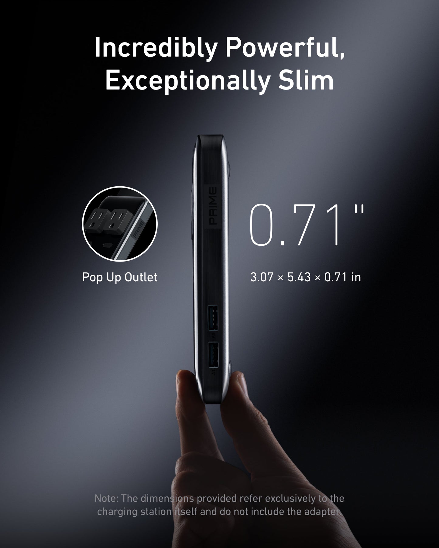 A hand holds the Anker Prime Charging Station (8-in-1, 240W) vertically, highlighting its slim 0.71-inch profile and compact size. A circular inset reveals the pop-up outlet, while a soft spotlight accents the sleek Anker device against a dark background.