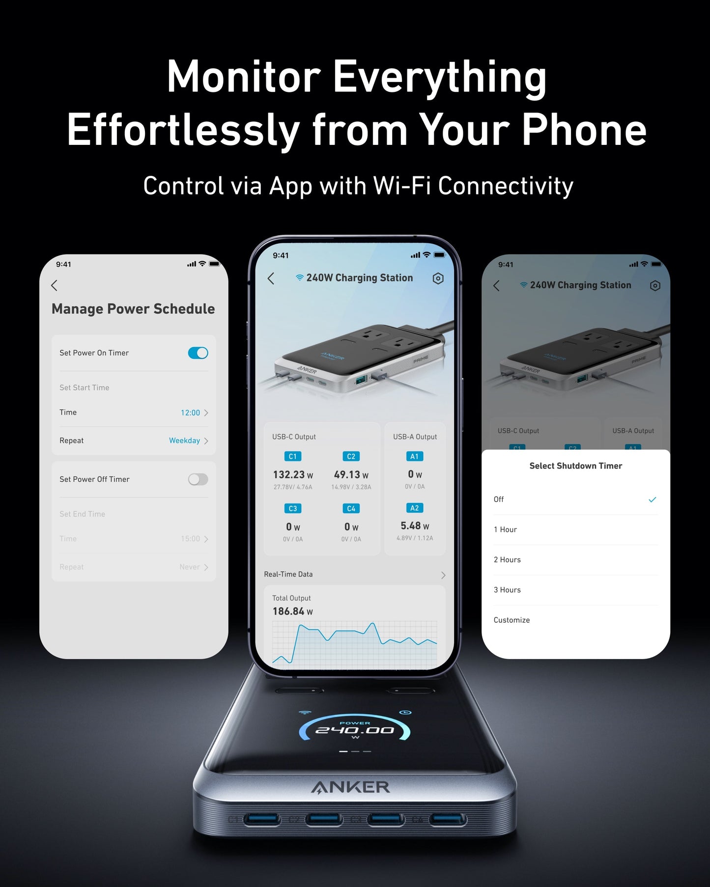 Three smartphones display an app seamlessly controlling the Anker Prime Charging Station (8-in-1, 240W) by Anker, with power schedule, real-time output, and shutdown timer. The charging station sits below. Text: “Monitor Everything Effortlessly from Your Phone.”.
