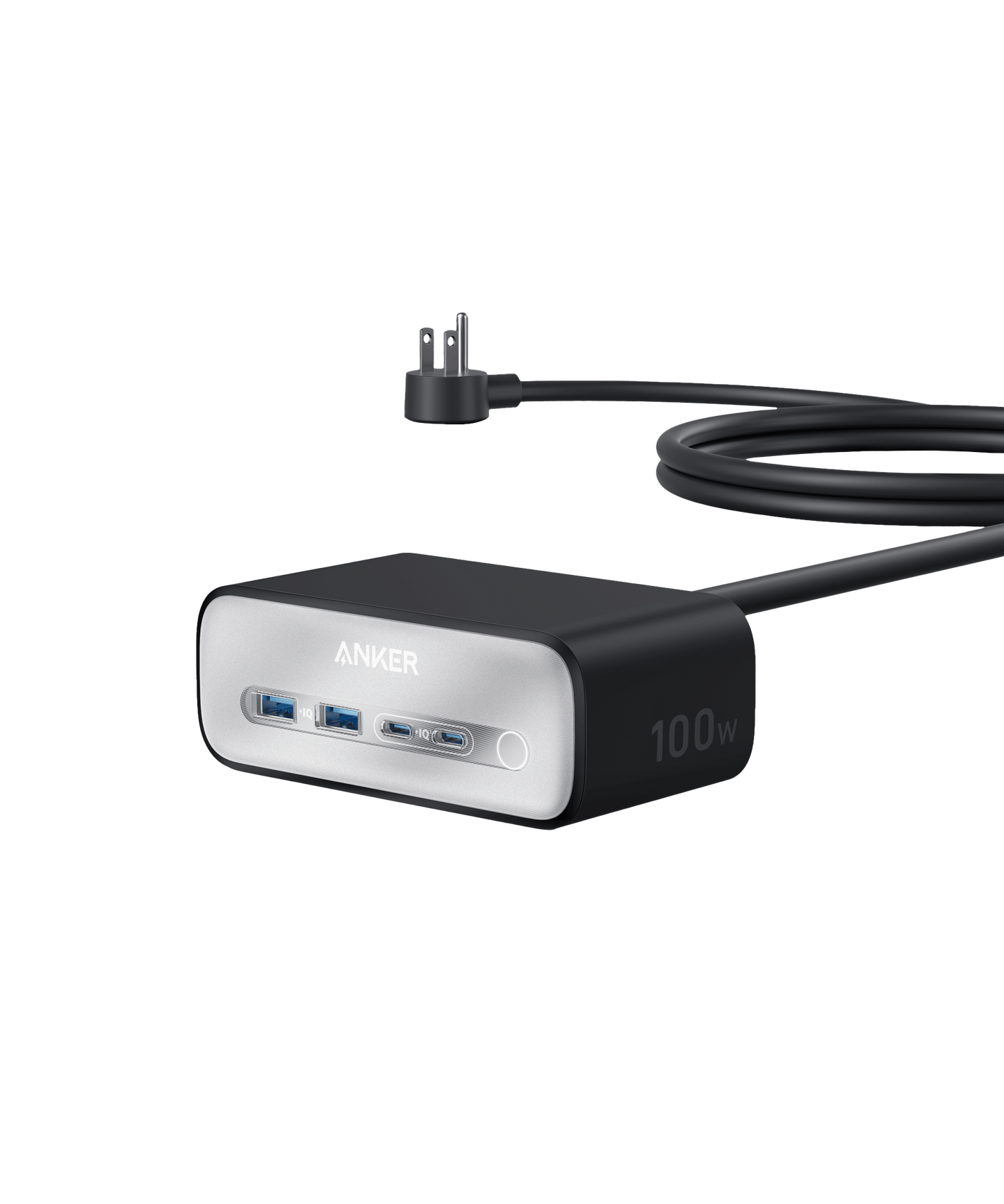 The Anker Charging Station (7-in-1, 100W) by Anker is black with a silver front, offering two USB-C ports, one USB-A port, and a black three-prong power cable. "100W" is labeled on the side. Shown on a white background.