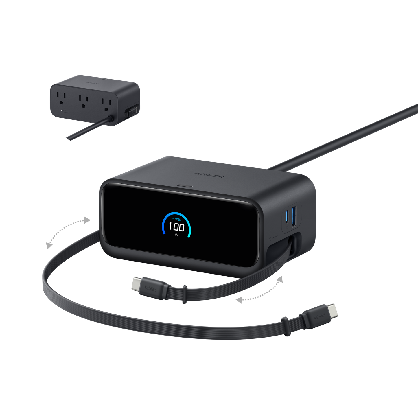 The Anker Nano Charging Station (7-in-1, 100W) in black features a digital display, two USB ports, a retractable USB-C cable, an inset of two AC outlets and power input, with arrows showing the retractable design on a white background.