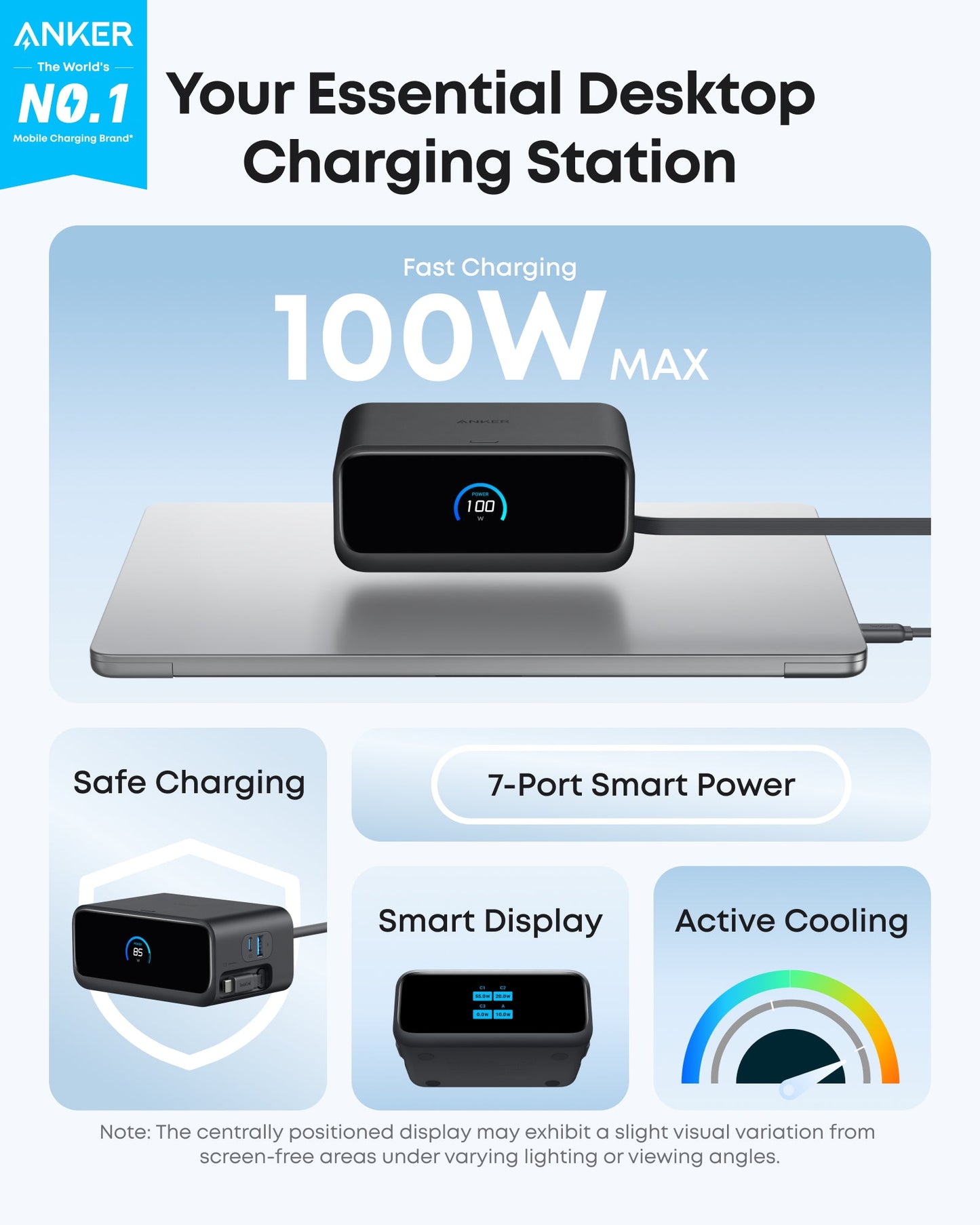 A black Anker Nano Charging Station (7-in-1, 100W) rests on a closed laptop, its “100W” front display visible. The modern layout highlights Safe Charging, retractable USB-C cables, Smart Display, and Active Cooling features.