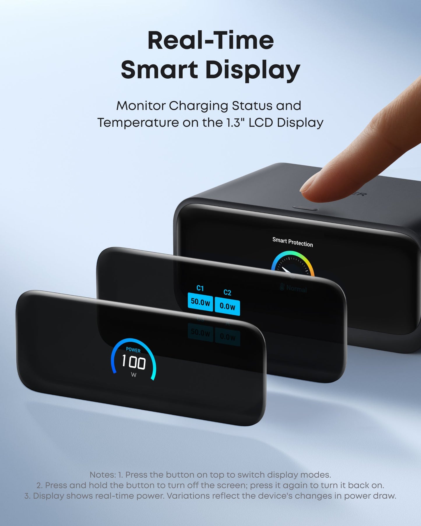 A hand presses a button on the Anker Nano Charging Station (7-in-1, 100W). Its 1.3-inch LCD shows charging status, 100W USB-C power, temperature (32°C), and Smart Protection. Text highlights real-time smart monitoring features.