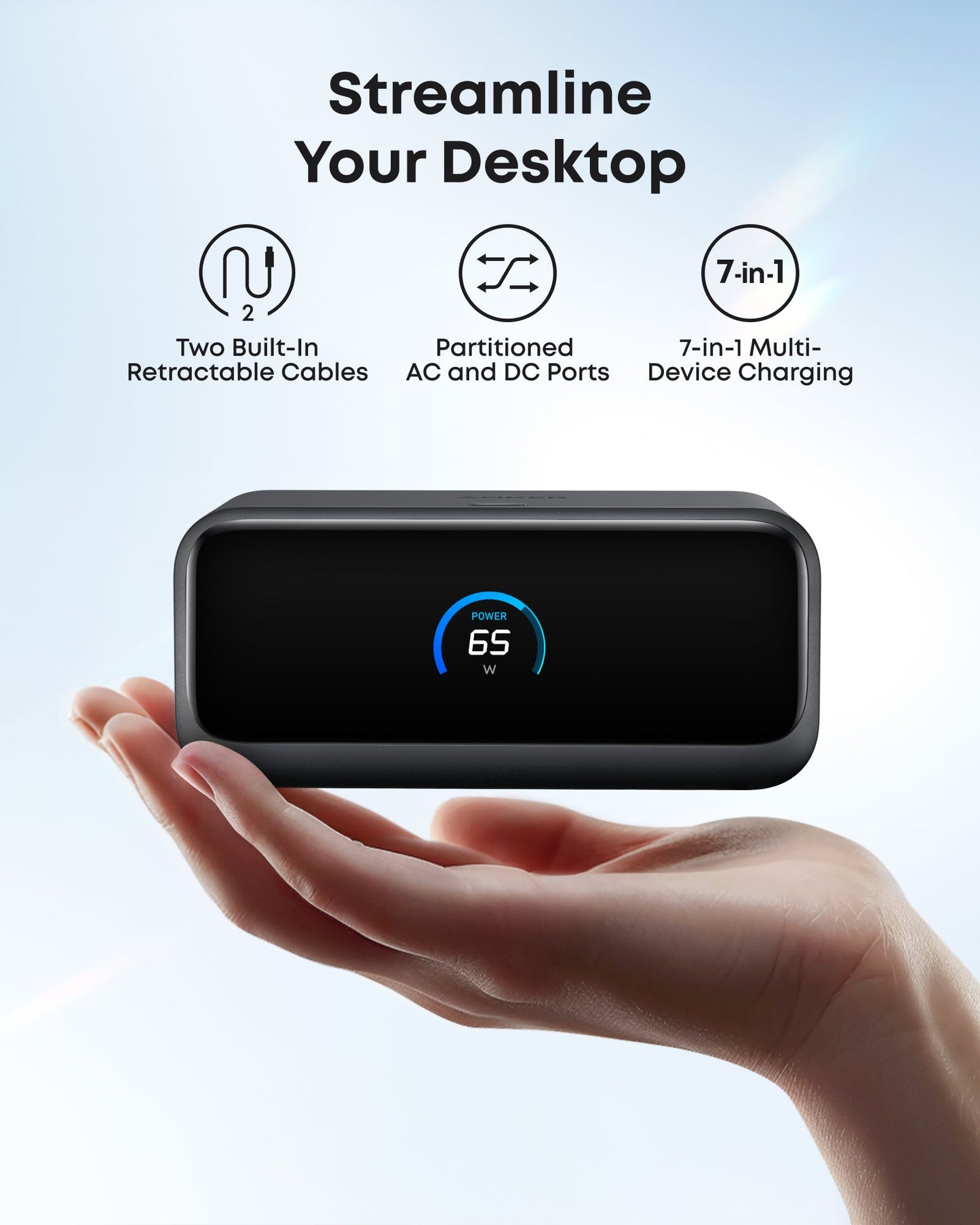 A hand holds the Anker Nano Charging Station (7-in-1, 100W) with a digital display. Above, icons show features: retractable USB-C cables, separate AC/DC ports, and the versatility of this compact Anker device.