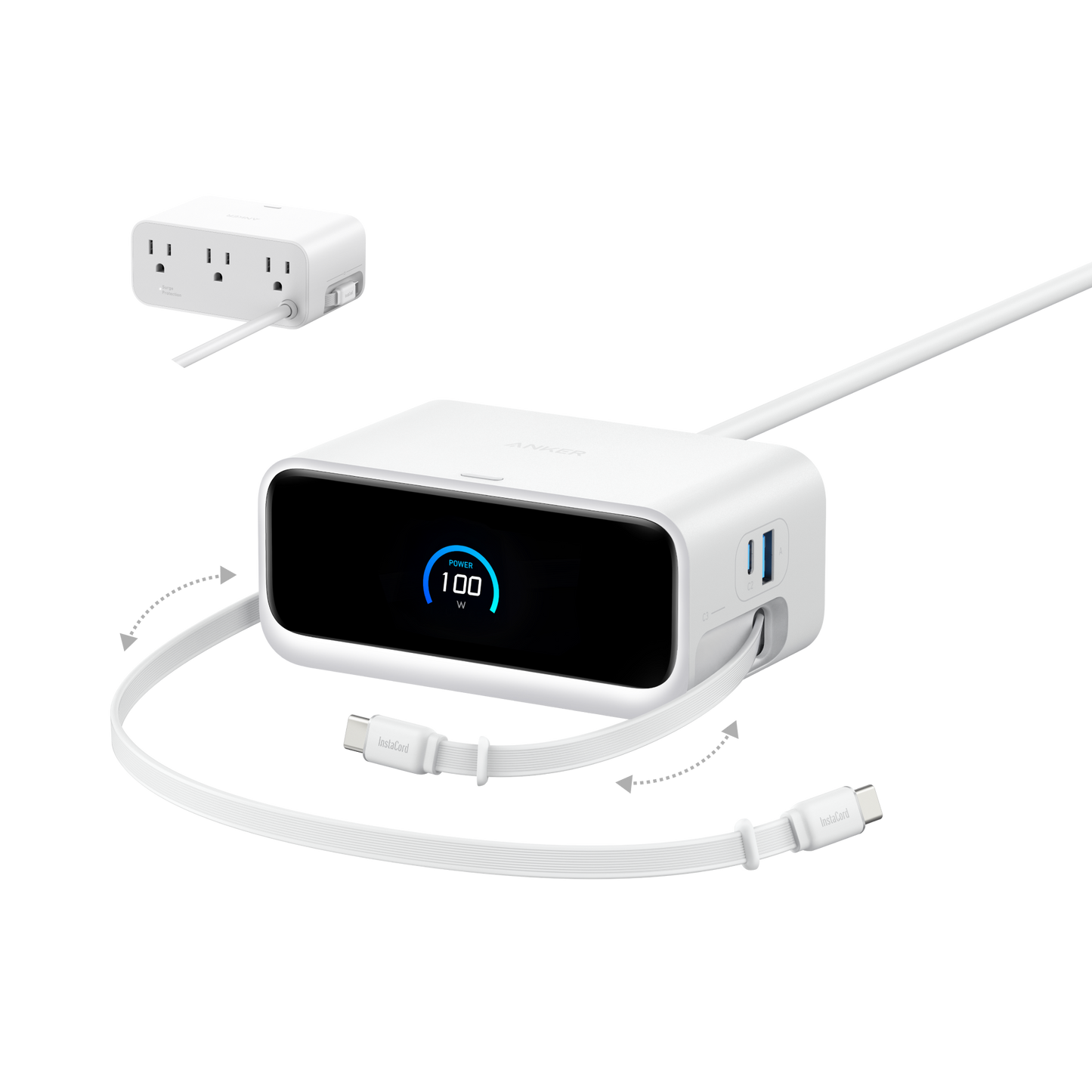 The Anker Nano Charging Station (7-in-1, 100W) by Anker is a white rectangular charger with a digital display showing 100 and a charging icon. It includes USB ports, retractable and detachable USB-C cables, plus a white three-outlet adapter.