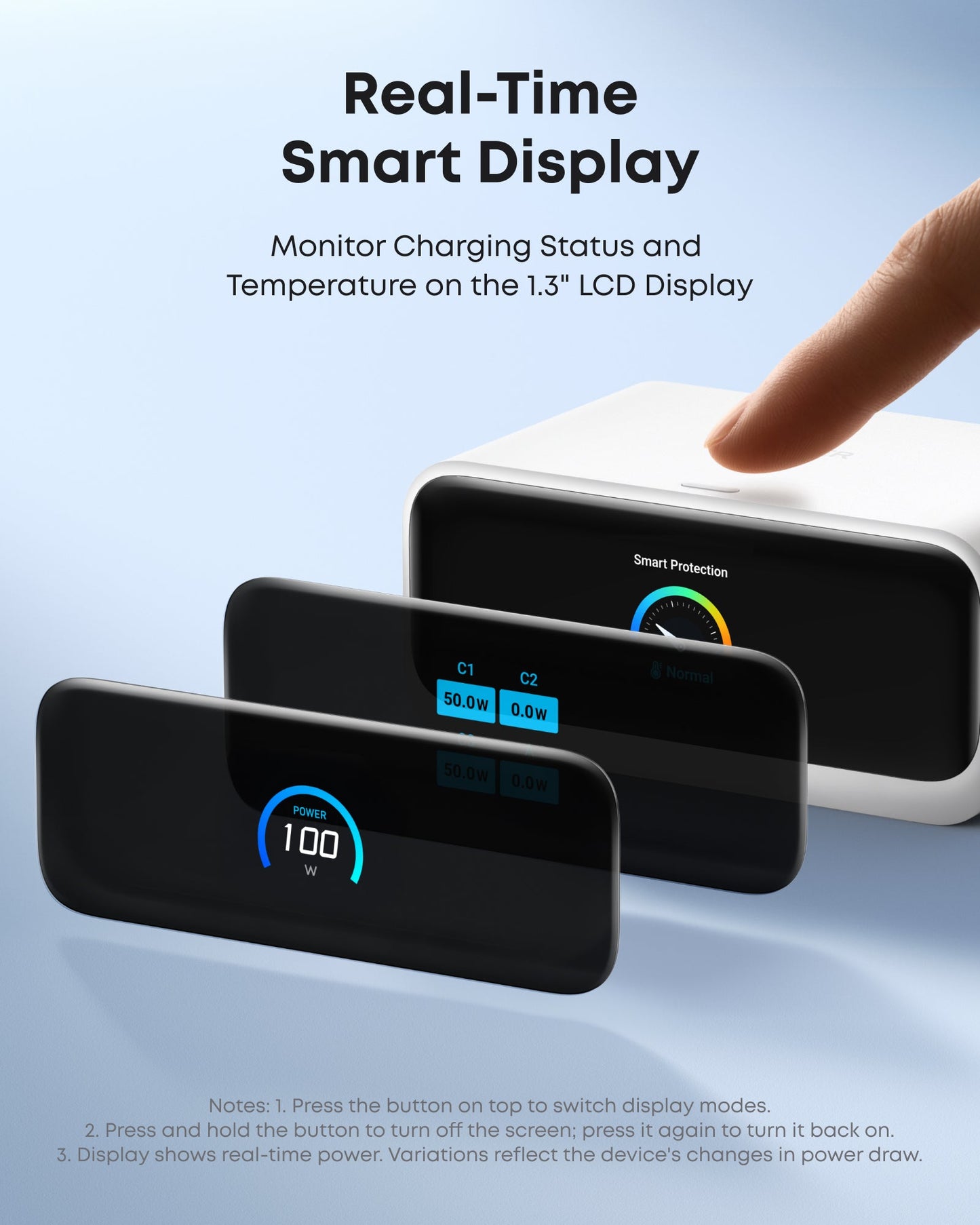 A finger touches the Anker Nano Charging Station (7-in-1, 100W) with a 1.3" LCD showing charging power and temperature. Text above: Real-Time Smart Display—Monitor Charging Status and Temperature on the 1.3" LCD Display.