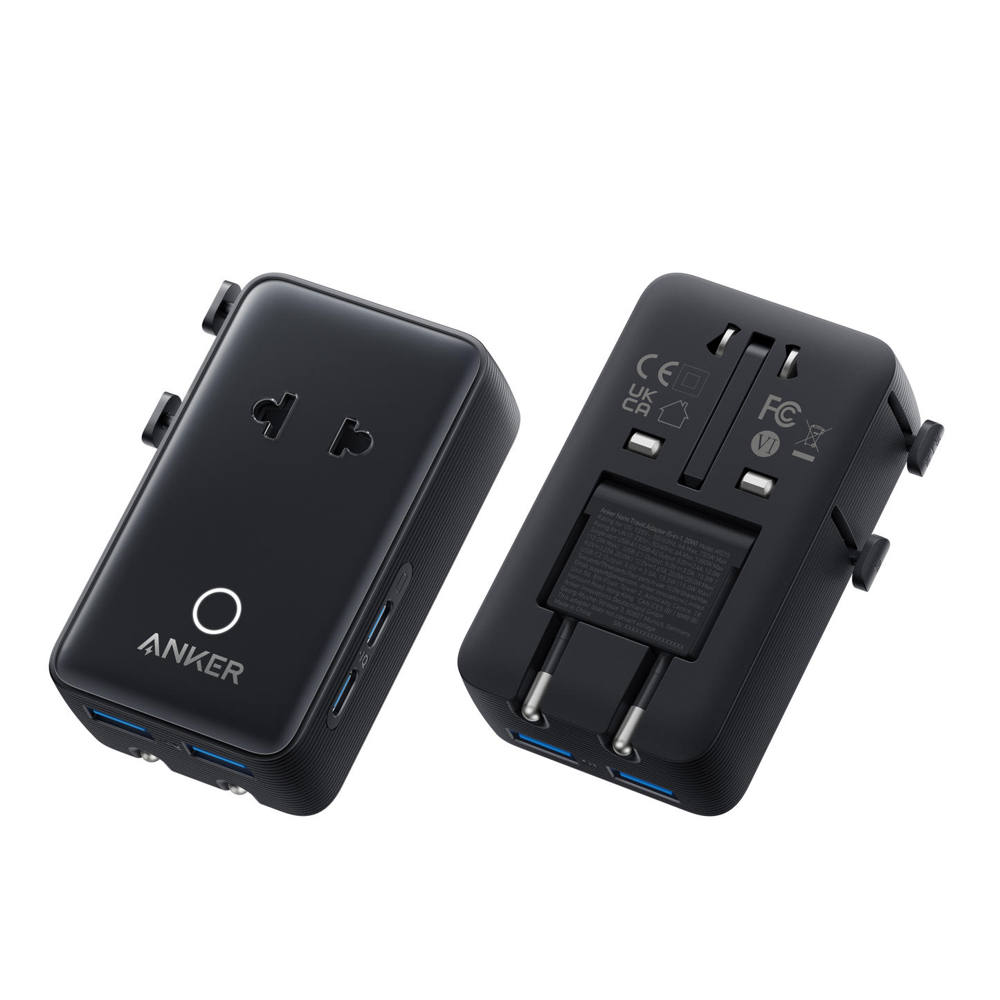 Two black Anker Nano Travel Adapter (5-in-1, 20W, 1-Pack) units are shown: one displays the Anker logo, power button, USB ports, and AC outlet; the other reveals sliding switches for universal plug types and retractable metal prongs.