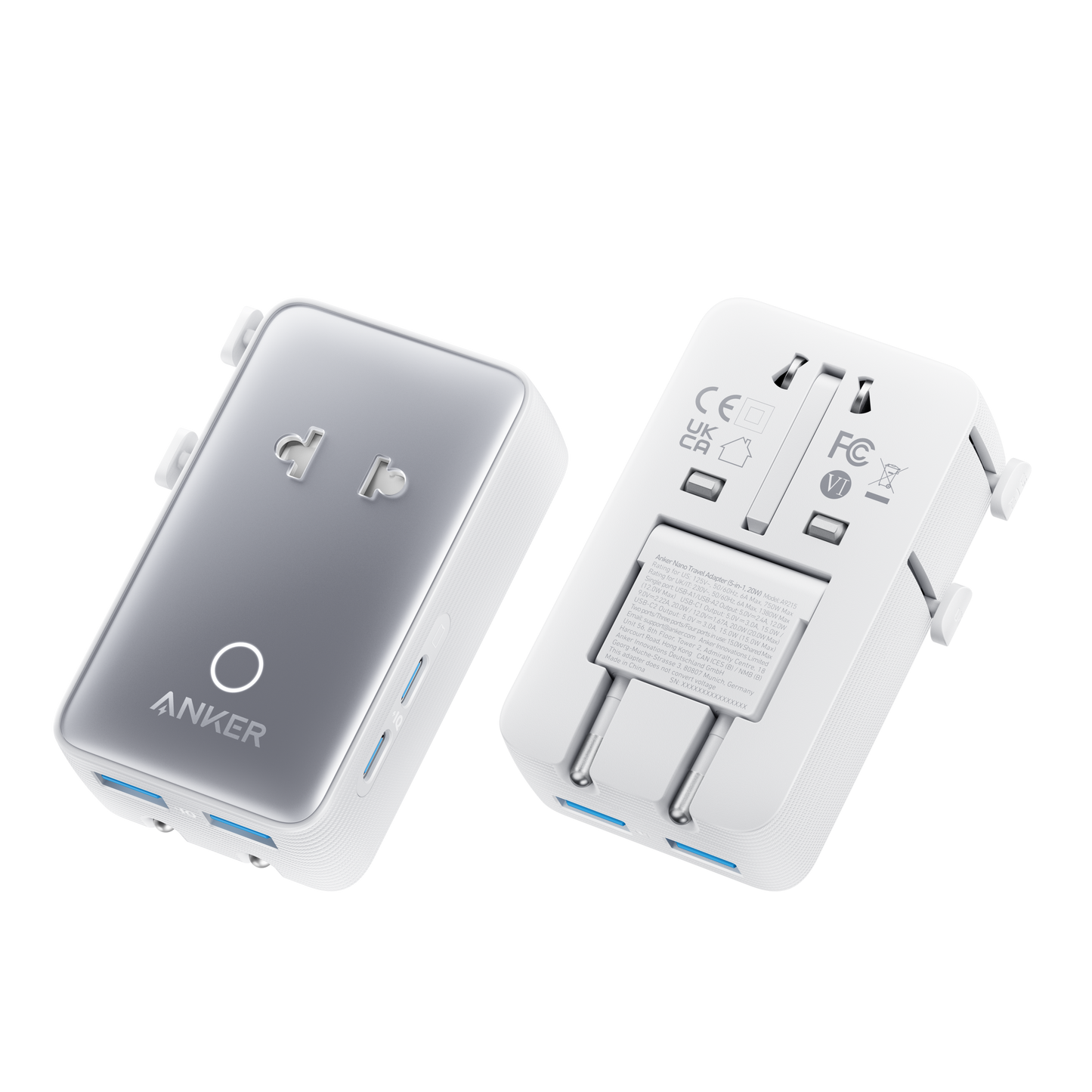 Two white Anker Nano Travel Adapter (5-in-1, 20W) units: one displays ports and a circular LED, the other shows retractable universal plug prongs, certifications, and labeling. Both have blue USB ports for fast charging in a sleek design.