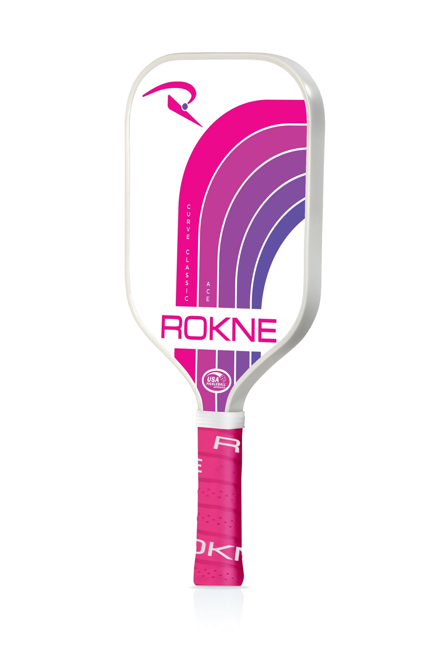 The CURVE CLASSIC ACE by ROKNE is a white pickleball paddle with a pink and purple curved design, textured fiberglass surface, bold pink ROKNE branding, and a pink handle with white accents featuring the ROKNE logo.