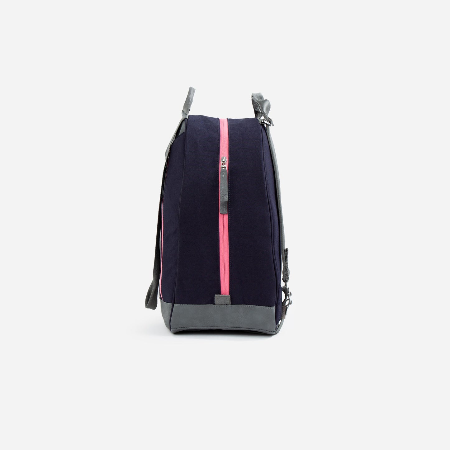 The Doubletake MELBOURNE Pickleball Backpack & Tote stands upright on a white background, featuring a navy blue and gray design with a bright pink zipper, gray handles, water-resistant material, and a minimal, modern look.