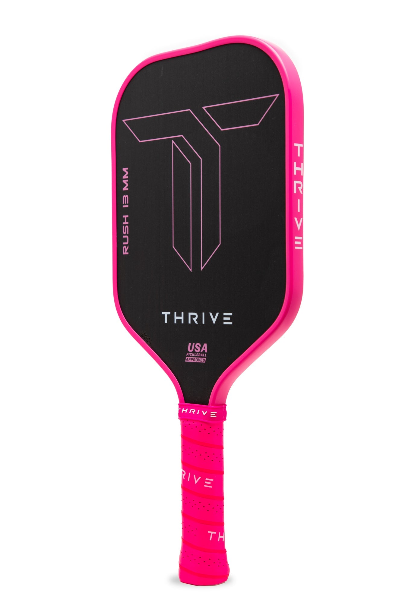 The Thrive Pickleball RUSH 13 (PINK) paddle has a black TORAY T700 carbon fiber body, neon pink edges and grip, geometric T logo, and USA Pickleball approval. Includes custom weight card, cover, eraser, and lead weights.