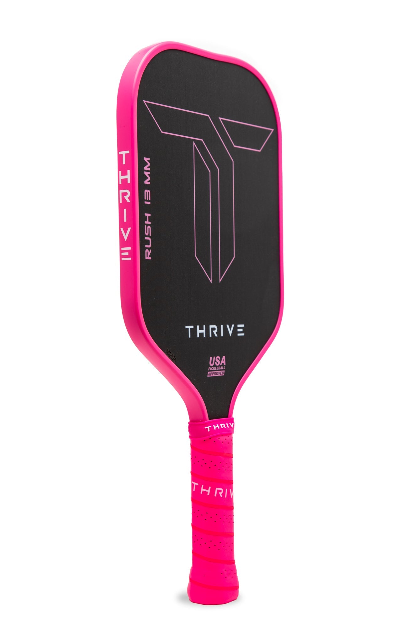 The RUSH 13 (PINK) by Thrive Pickleball is a black elongated paddle with bold pink accents, T logo, and "THRIVE." Made from durable TORAY T700 carbon fiber and USA Pickleball approved. Includes cover, eraser, weights, and weight card.