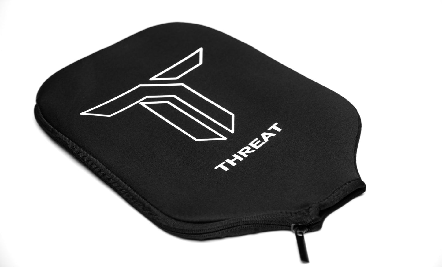 The THREAT 16 paddle cover by Thrive Pickleball is a black, zippered case with a bold T logo and THREAT in white, designed to protect your carbon fiber paddle. Set includes custom weight card, eraser, and lead weights. Photographed on white background.