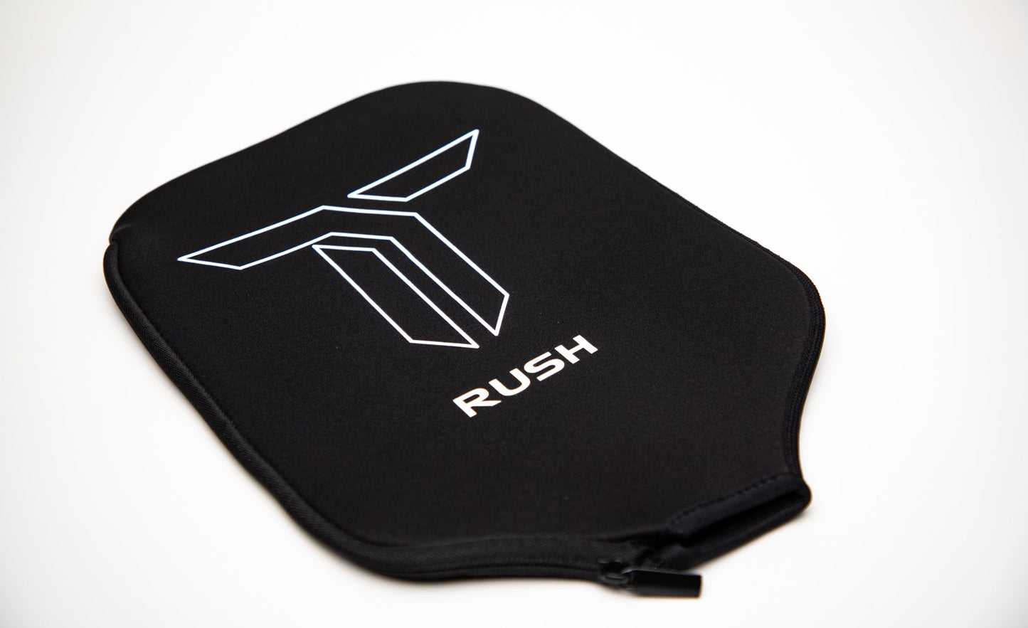 The RUSH 13 paddle cover by Thrive Pickleball is a black, oval pouch with a bold white T logo and “RUSH,” made to protect thin face paddles. Includes custom weight card, paddle eraser, and lead weights. Shown on a white background.