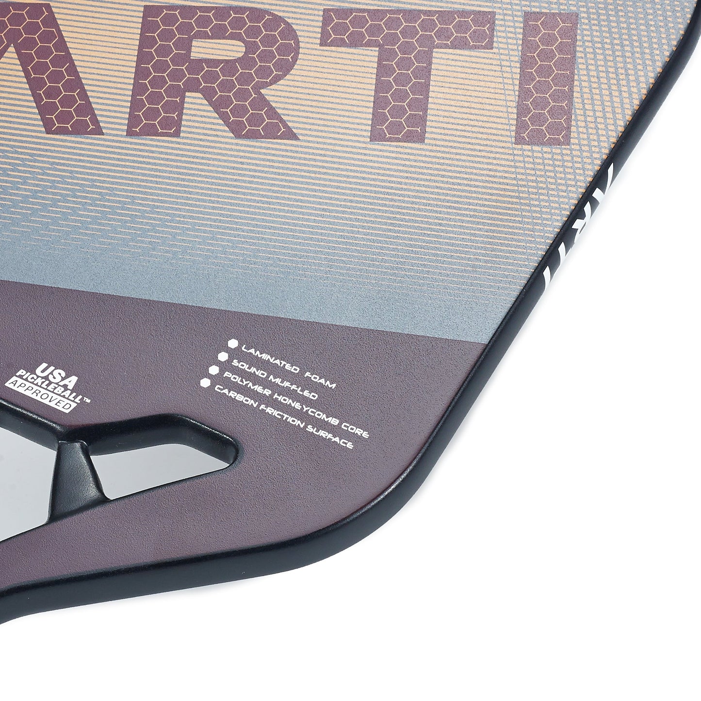 Close-up of a board corner showing “ARTI” in bold purple letters. The ARTI Carbon Fiber "MASTERY ELITE 1.0" paddle features laminated foam, solid handgrip, powder-infused core, carbon protection surface, and is USAPA approved.