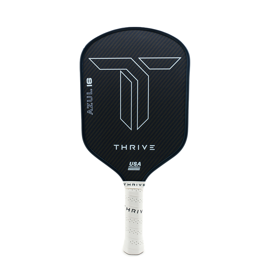 The AZUL 16mm POWER SERIES by Thrive Pickleball is a black carbon kevlar paddle with a white geometric “T”, labeled AZUL16, THRIVE, USA Pickleball Approved, and includes lead weights, key chain, and weight card; swing weight: 116-117.