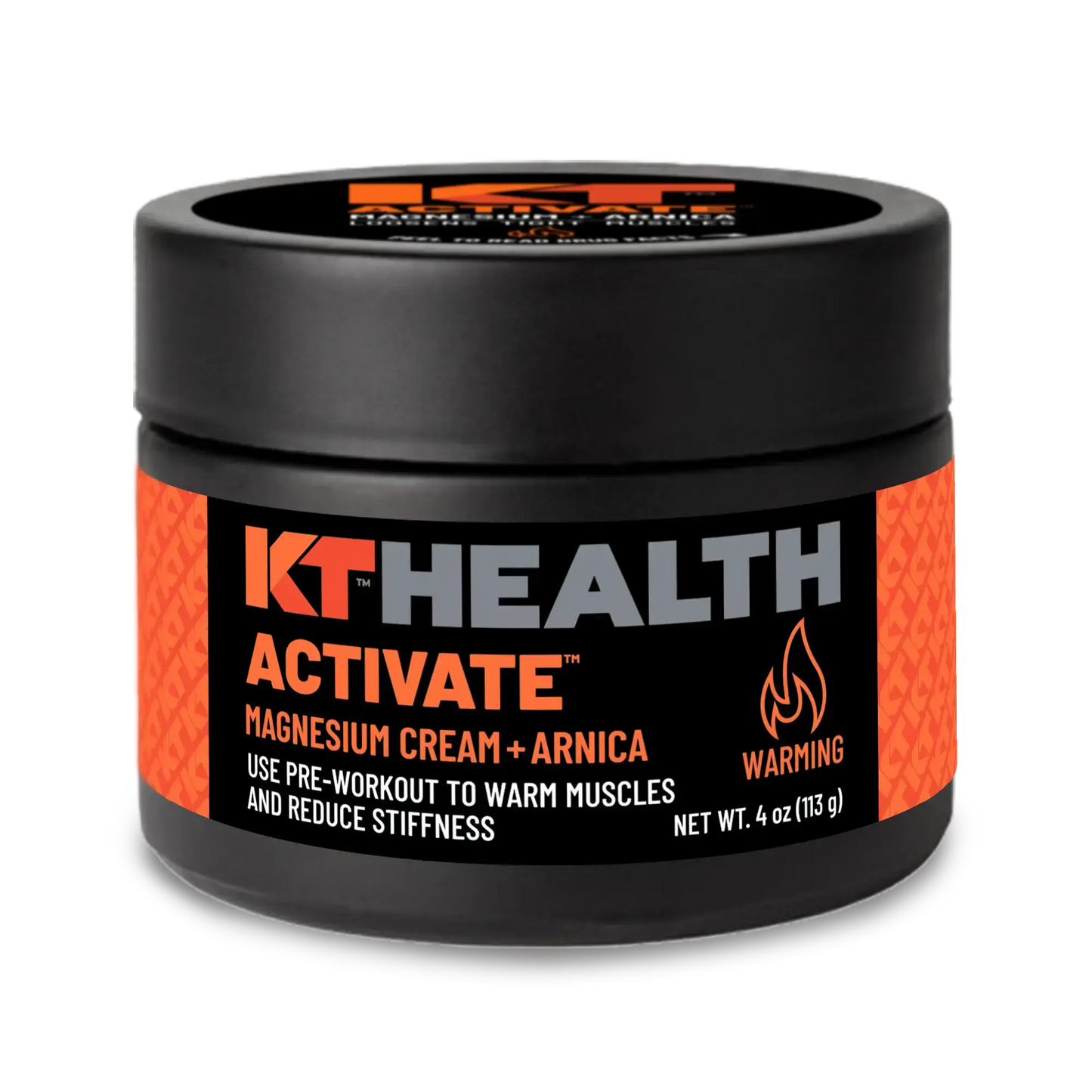 A black jar labeled KT Health Magnesium Creams by KT Tape features orange and white text and a flame icon beside "Warming." The label highlights muscle relief benefits: use pre-workout to warm muscles, ease stiffness, and support recovery.