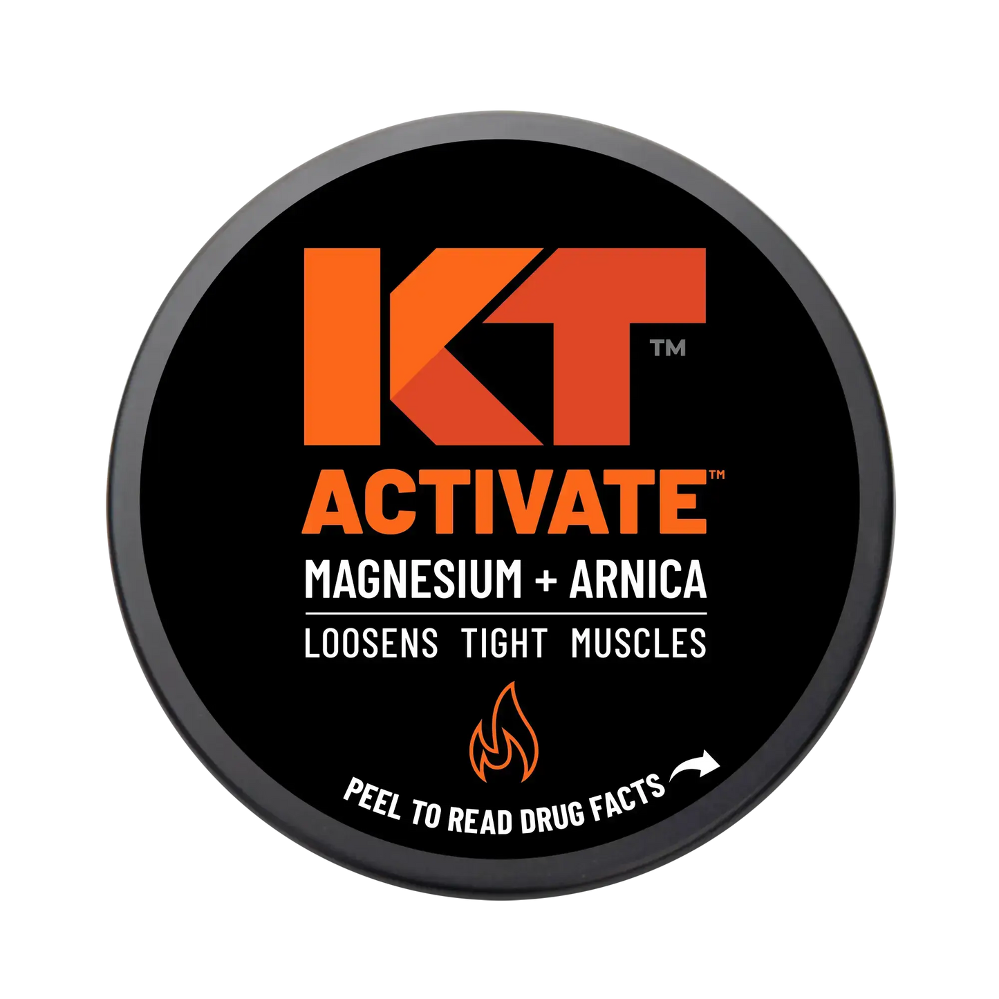 A round black lid labeled KT Tape KT Health Magnesium Creams muscle relief. Below: Loosens Tight Muscles. A flame icon appears at the bottom with "Peel to read drug facts" and an arrow pointing to the edge.