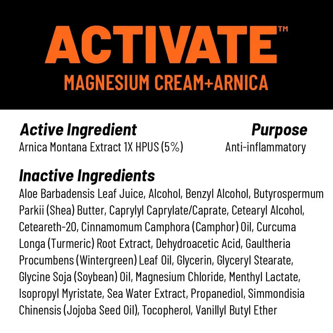 An ingredients label for KT Health Magnesium Creams by KT Tape, a muscle relief cream with 5% arnica as the active ingredient for anti-inflammatory support. Other ingredients include aloe, shea butter, nourishing oils, glycerin, and magnesium chloride.