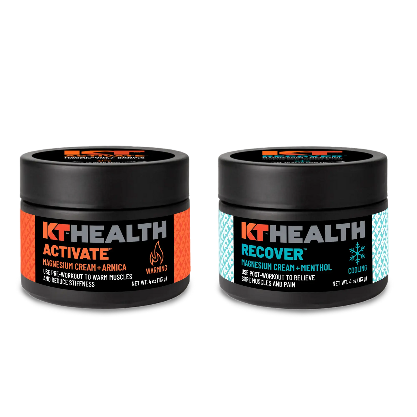 Two black 4 oz jars of KT Health Magnesium Creams by KT Tape: Activate (orange label, warming magnesium + arnica) and Recover (blue label, cooling magnesium + menthol). Each jar includes usage instructions. Perfect for muscle recovery.