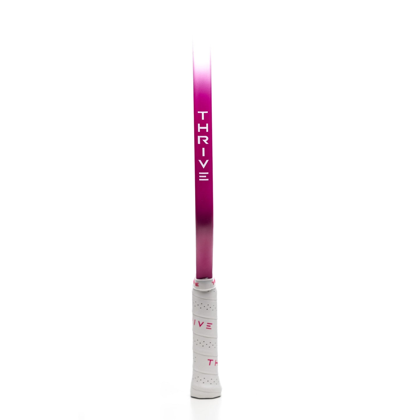 The FURY Hybrid 15.5 MM (GEN 3.5 POWER SERIES) by Thrive Pickleball features a white handle and gradient pink-to-purple shaft with "THRIVE" vertically in white, inspired by advanced floating core system technology. Includes a 6-month warranty.
