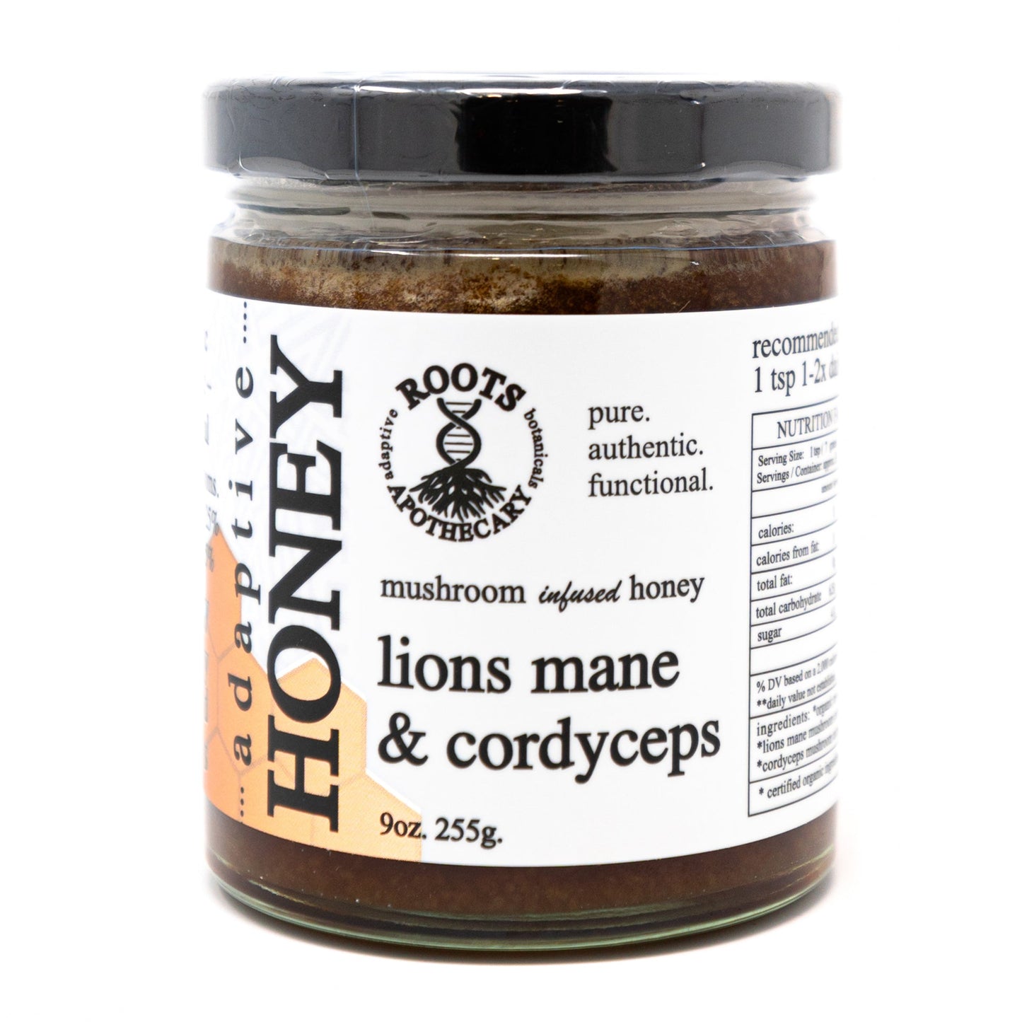 A 9oz (255g) glass jar of Roots Apothecary “adaptive honey. lion's mane & cordyceps” features mushroom-infused honey with lion's mane and cordyceps extracts, highlighting purity, authenticity, and functional benefits on its label.