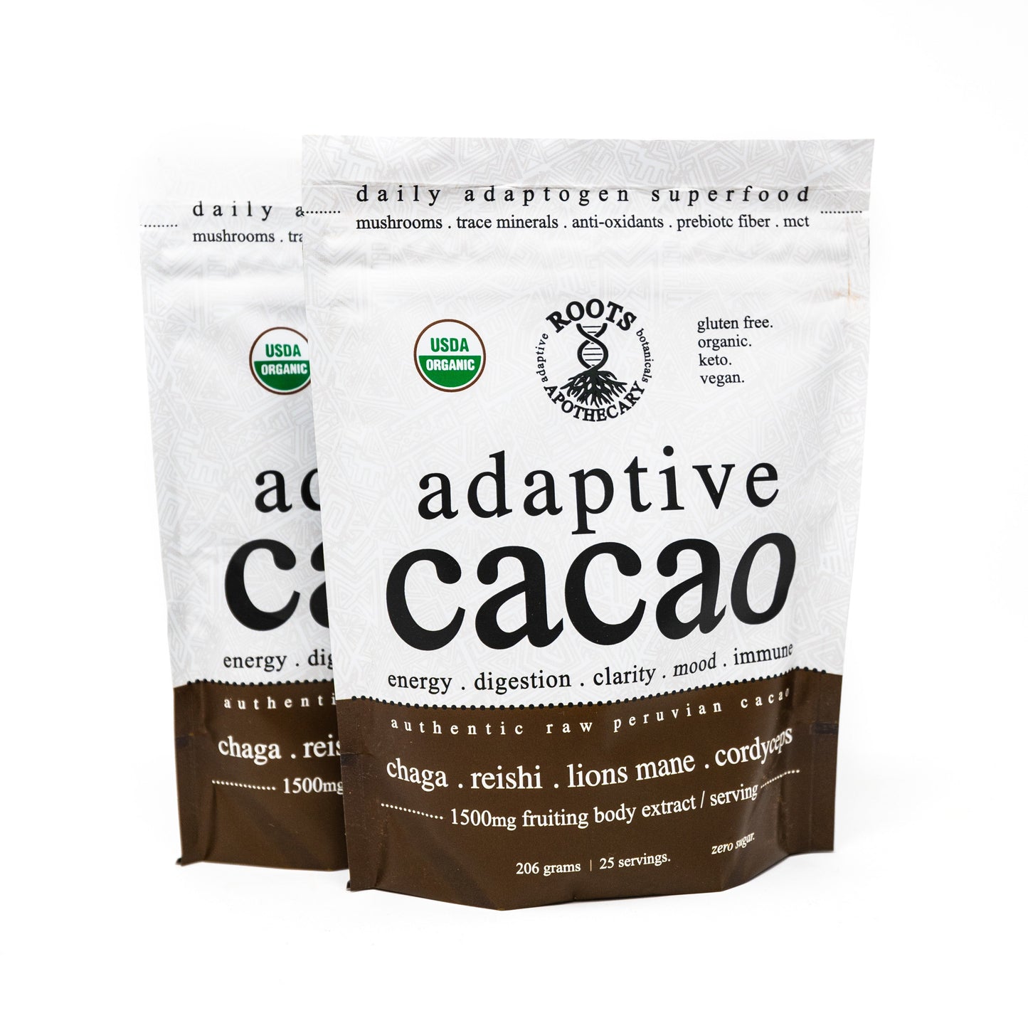 Two white and brown pouches of Roots Apothecary adaptive cacao. performance superfood. stand upright, with bold packaging featuring energy, immunity, digestion benefits, plus USDA Organic and gluten-free icons.