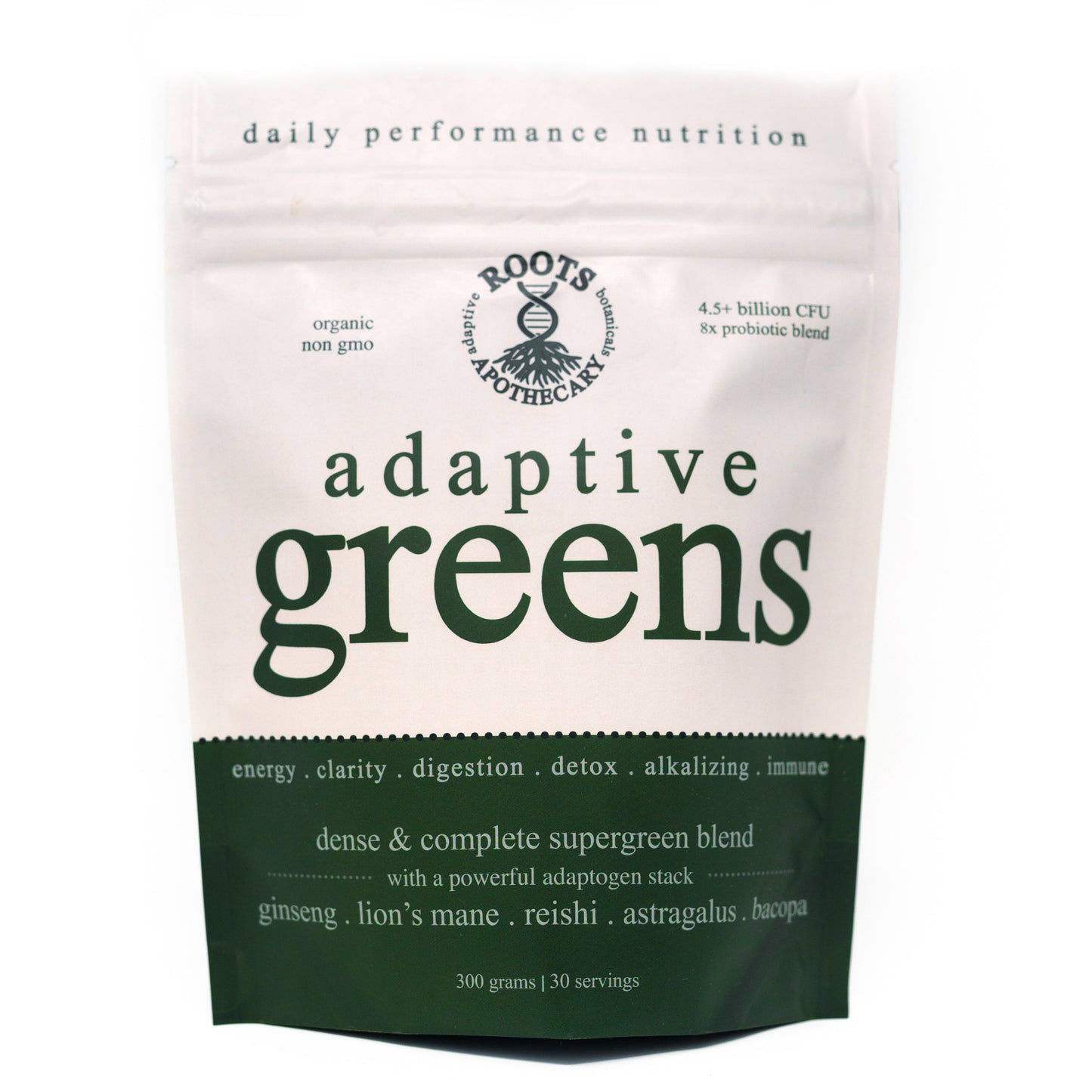 A white and green pouch labeled "adaptive greens. performance superfood." by Roots Apothecary, featuring organic, non-GMO ingredients, adaptogens, mushrooms, 4.5+ billion CFU probiotics for energy, clarity, digestion, immunity & nervous system support.